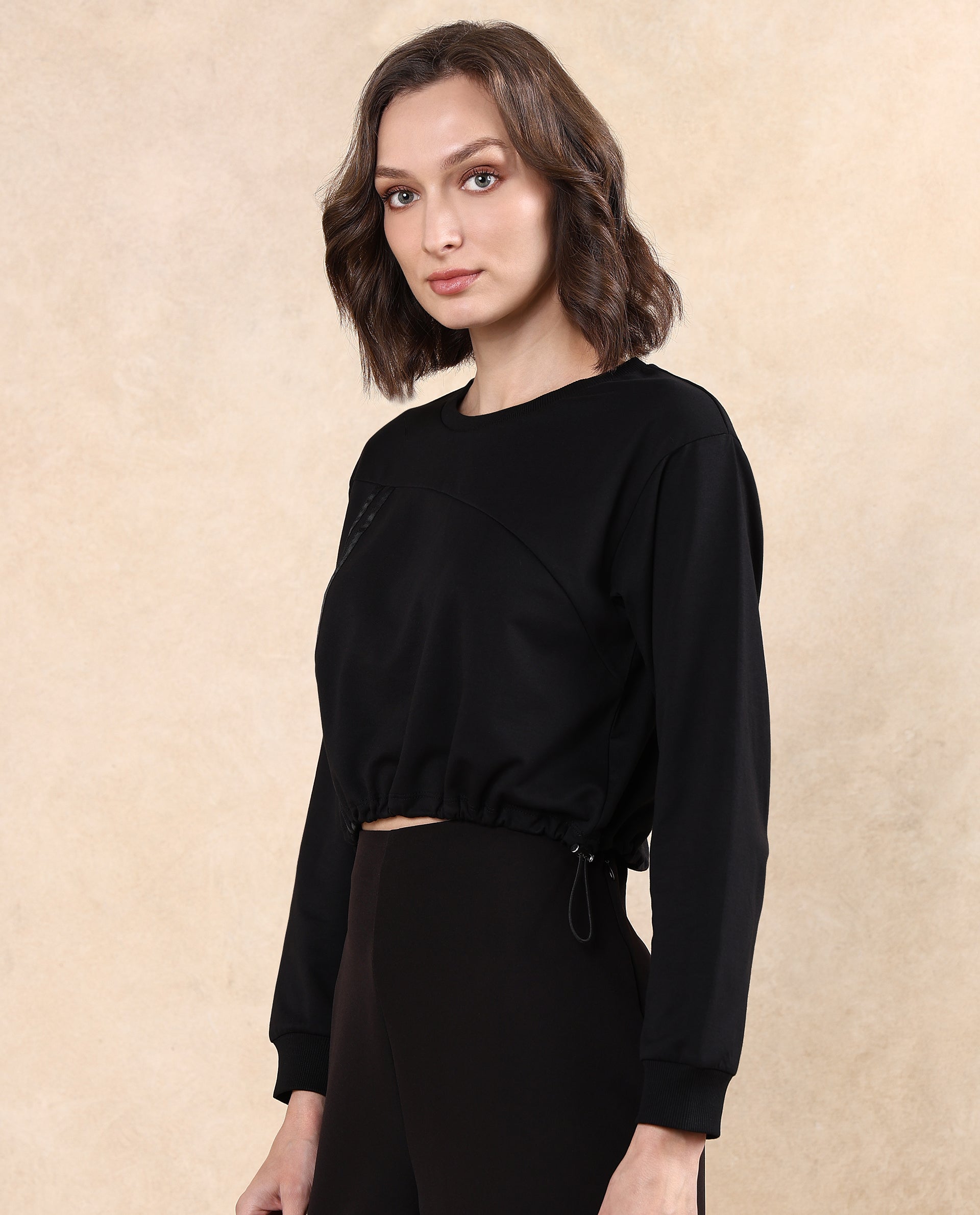 Rareism Women Maple Black Cotton Blend Fabric Full Sleeve Round Neck Relaxed Fit Cropped Plain Sweatshirt