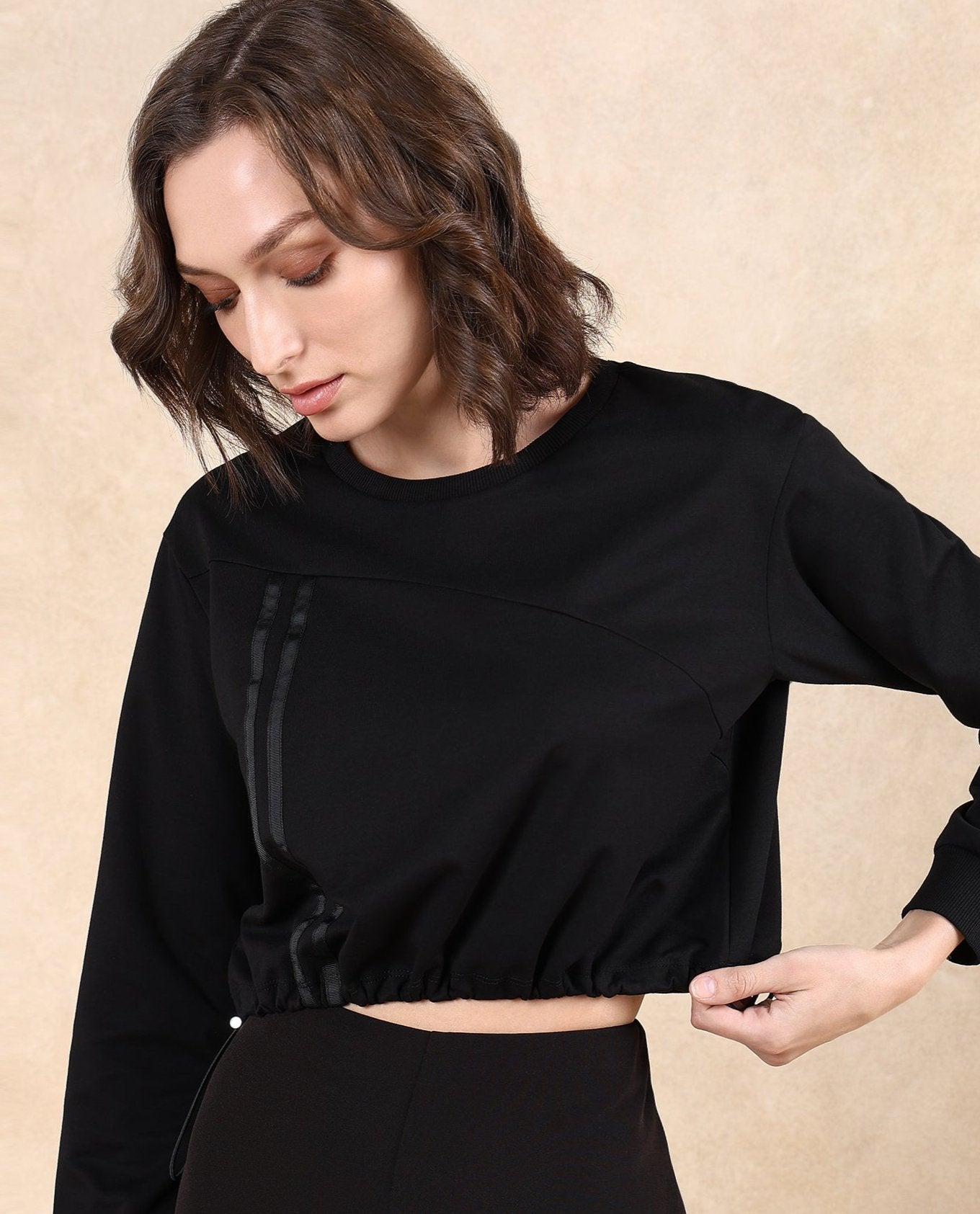 Rareism Women Maple Black Cotton Blend Fabric Full Sleeve Round Neck Relaxed Fit Cropped Plain Sweatshirt