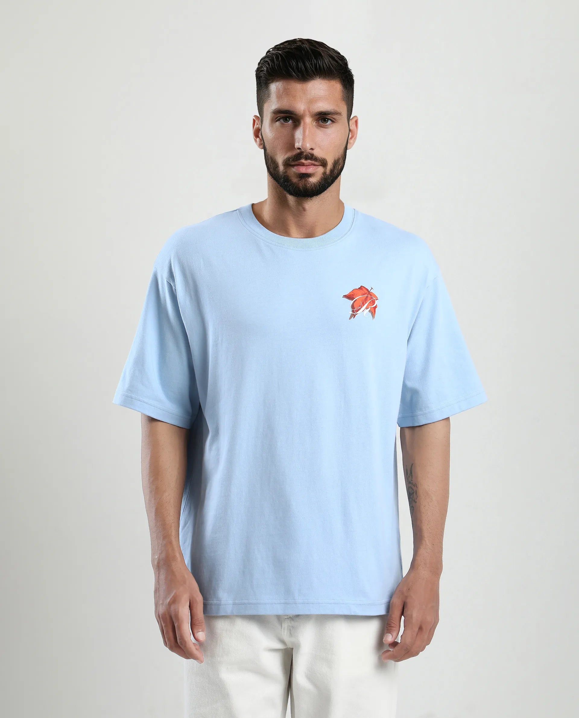 Rare Rabbit Men's Mapler Blue Cotton Graphic Print Oversized Fit Half Sleeve Crew Neck T-Shirt