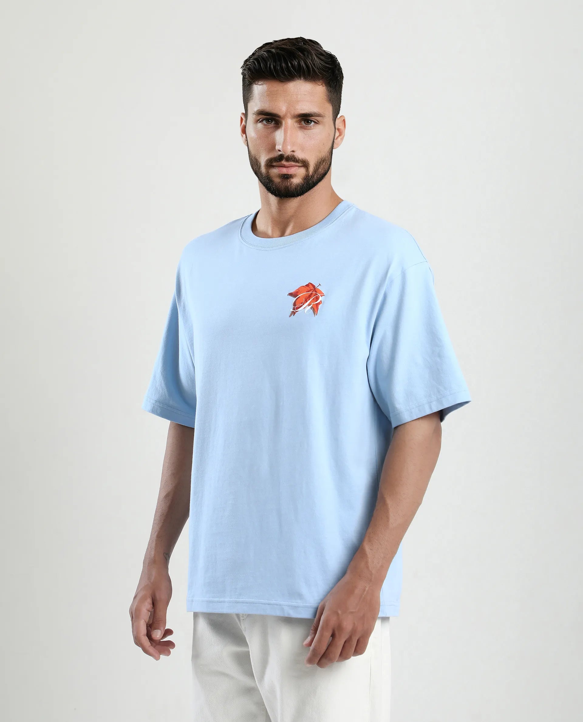 Rare Rabbit Men's Mapler Blue Cotton Graphic Print Oversized Fit Half Sleeve Crew Neck T-Shirt