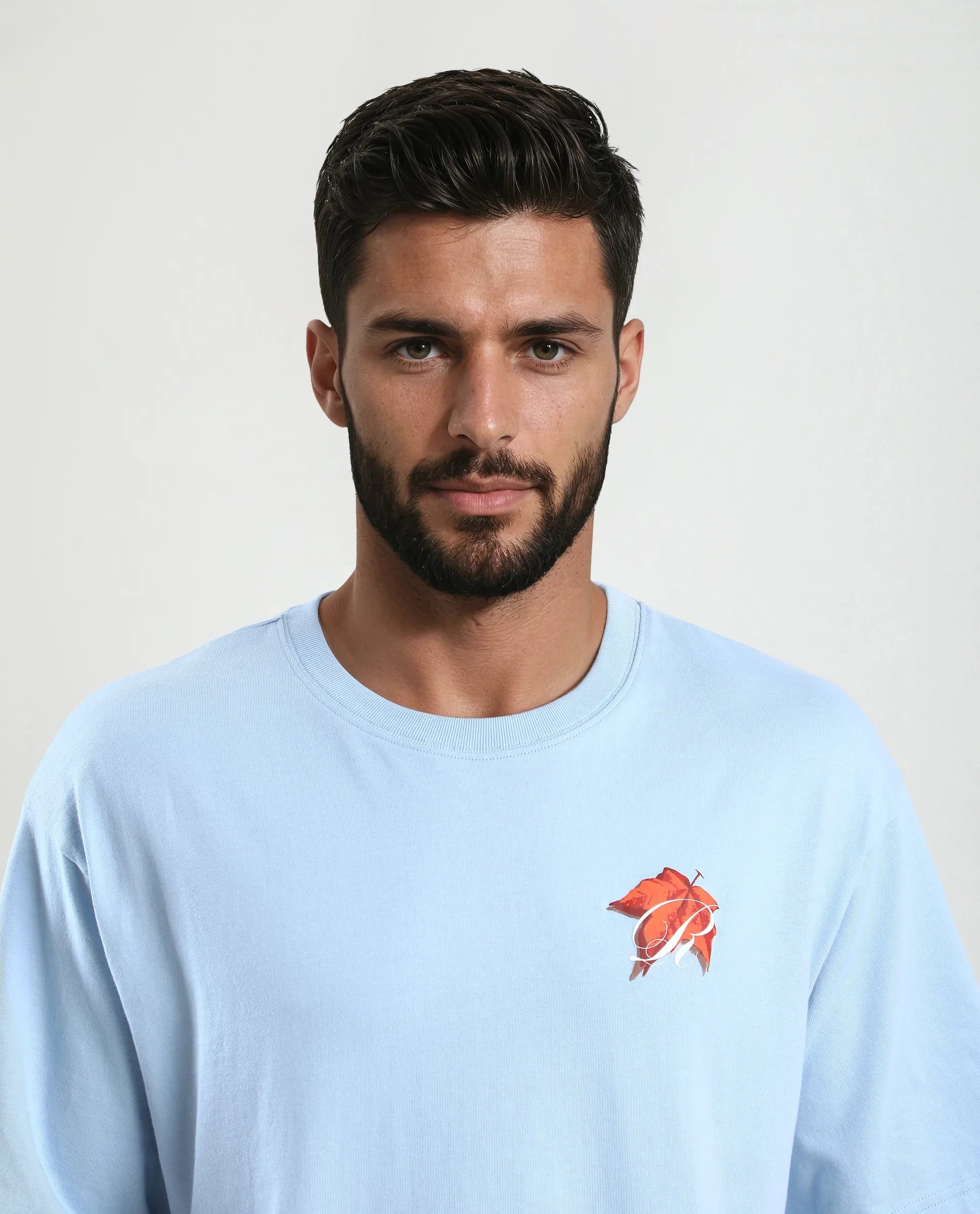 Rare Rabbit Men's Mapler Blue Cotton Graphic Print Oversized Fit Half Sleeve Crew Neck T-Shirt