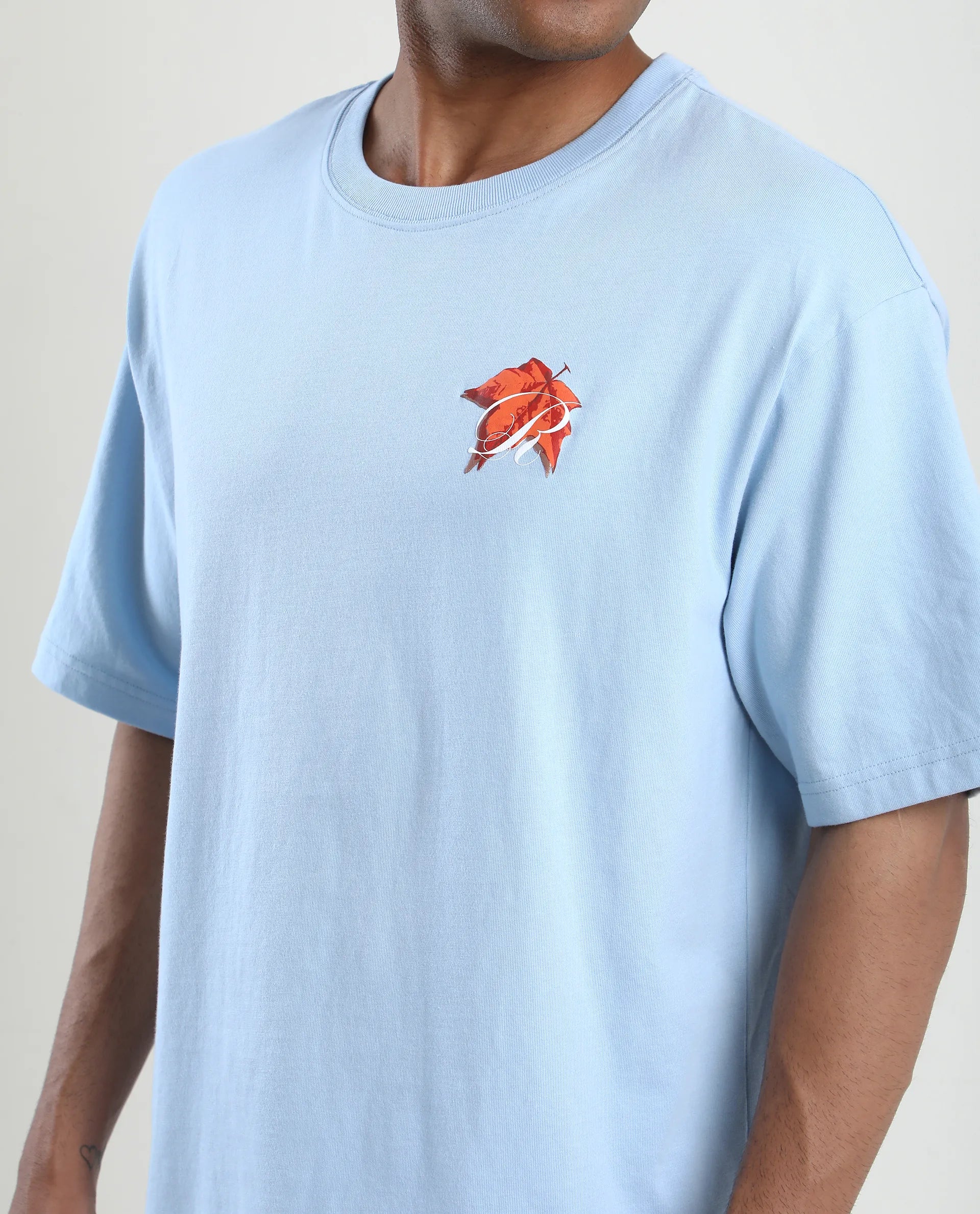 Rare Rabbit Men's Mapler Blue Cotton Graphic Print Oversized Fit Half Sleeve Crew Neck T-Shirt