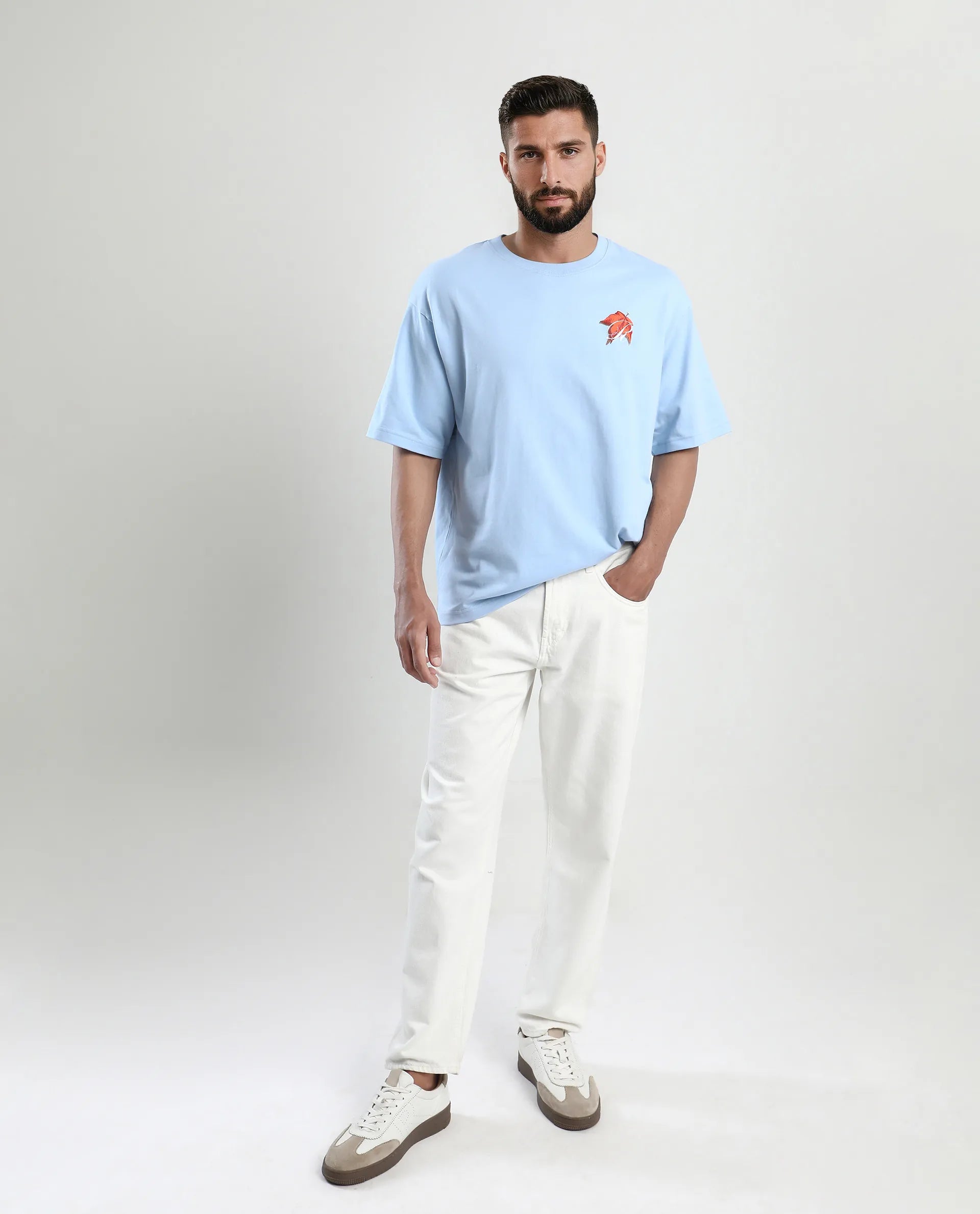 Rare Rabbit Men's Mapler Blue Cotton Graphic Print Oversized Fit Half Sleeve Crew Neck T-Shirt