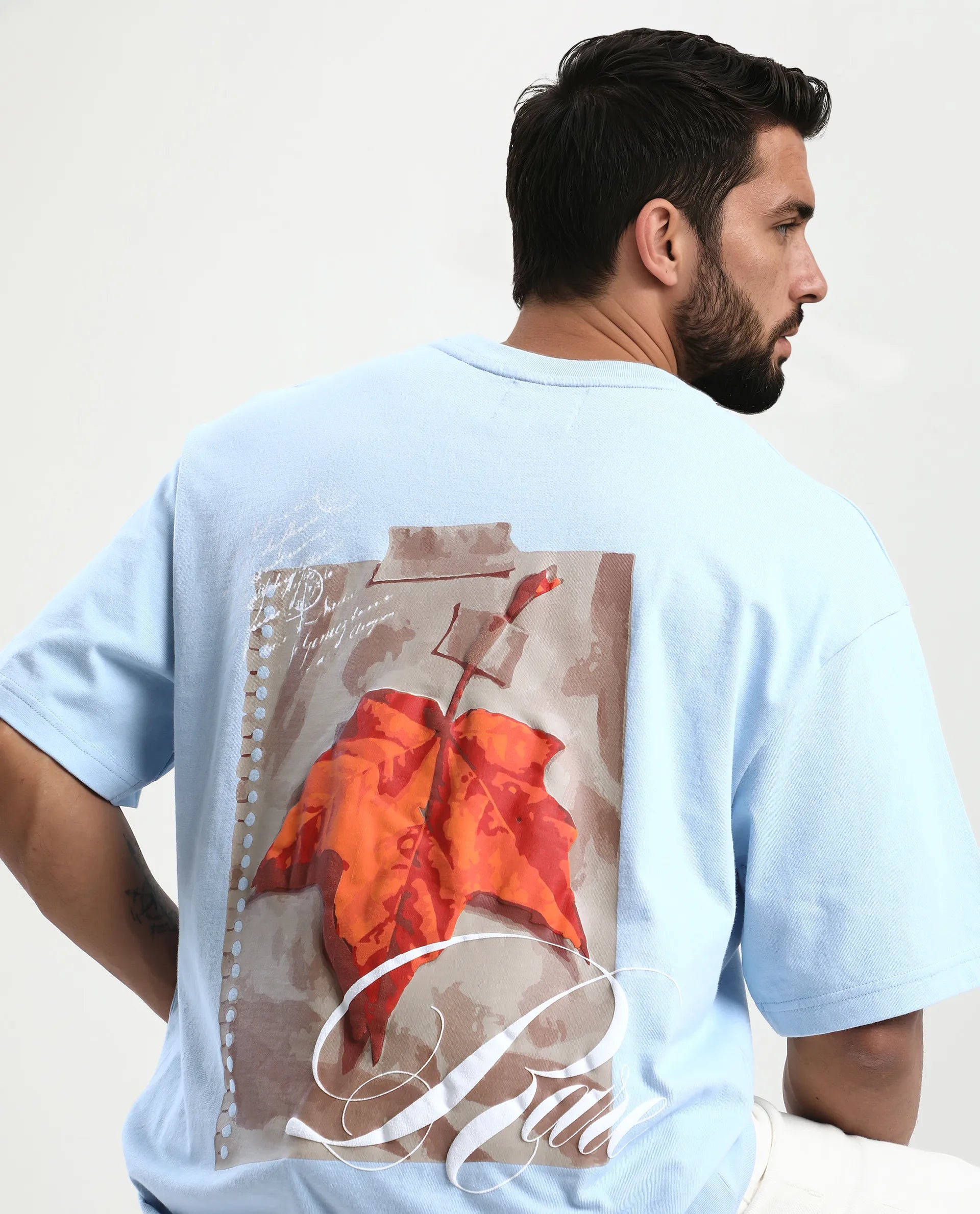 Rare Rabbit Men's Mapler Blue Cotton Graphic Print Oversized Fit Half Sleeve Crew Neck T-Shirt