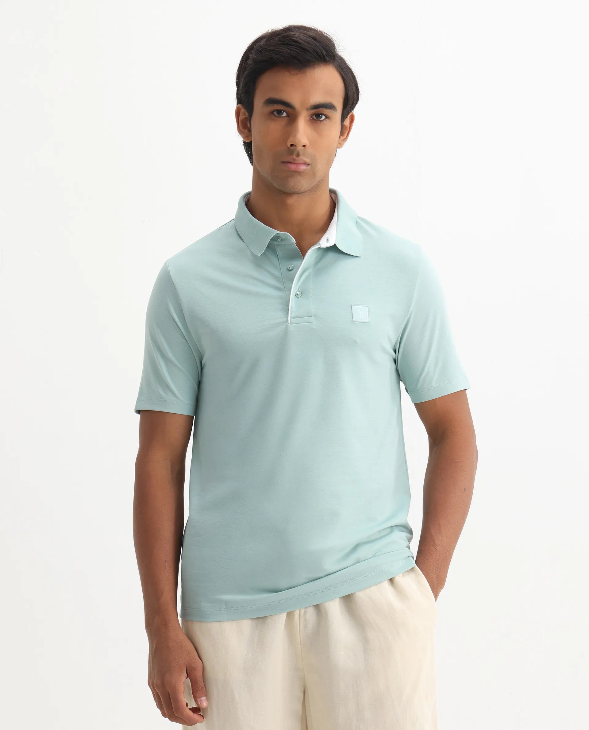 Rare Rabbit Men's Maq Light Turq Cotton Plain Regular Fit Half Sleeve Polo