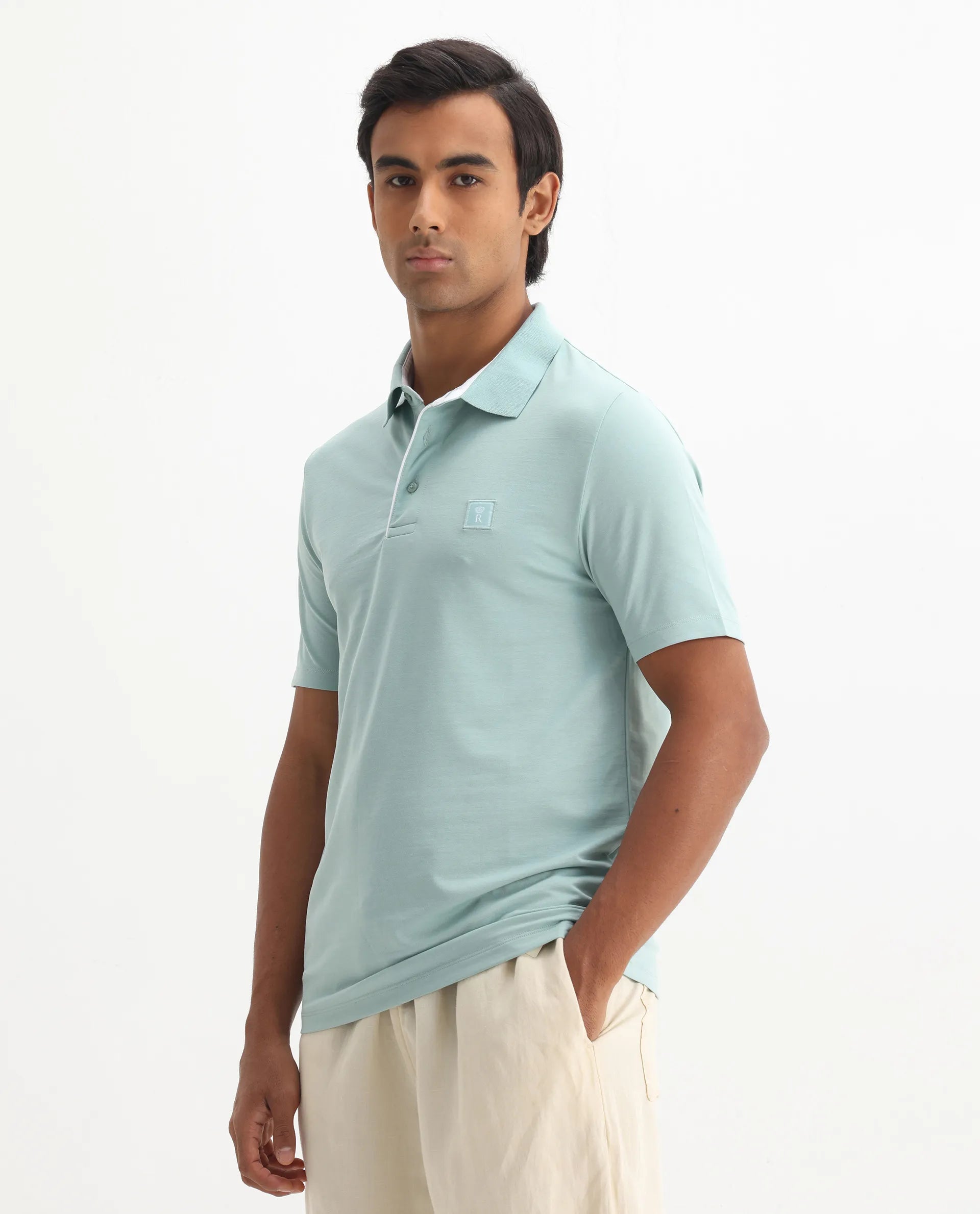 Rare Rabbit Men's Maq Light Turq Cotton Plain Regular Fit Half Sleeve Polo