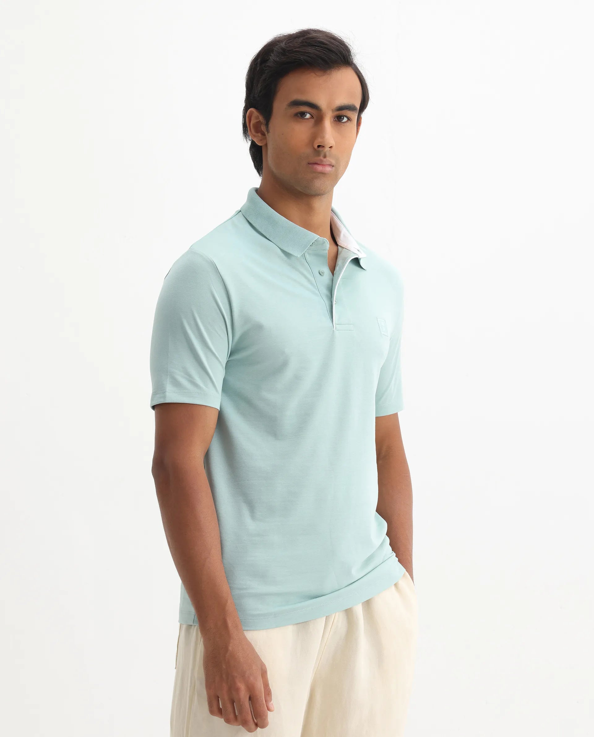 Rare Rabbit Men's Maq Light Turq Cotton Plain Regular Fit Half Sleeve Polo