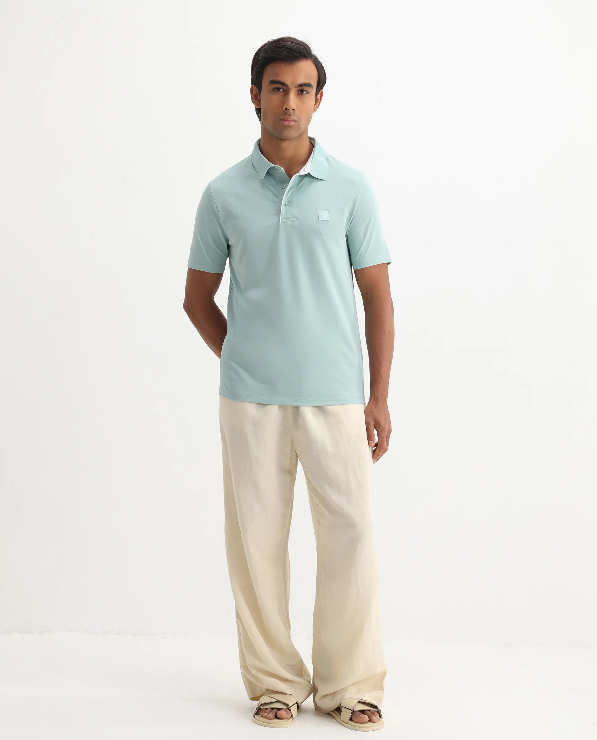 Rare Rabbit Men's Maq Light Turq Cotton Plain Regular Fit Half Sleeve Polo