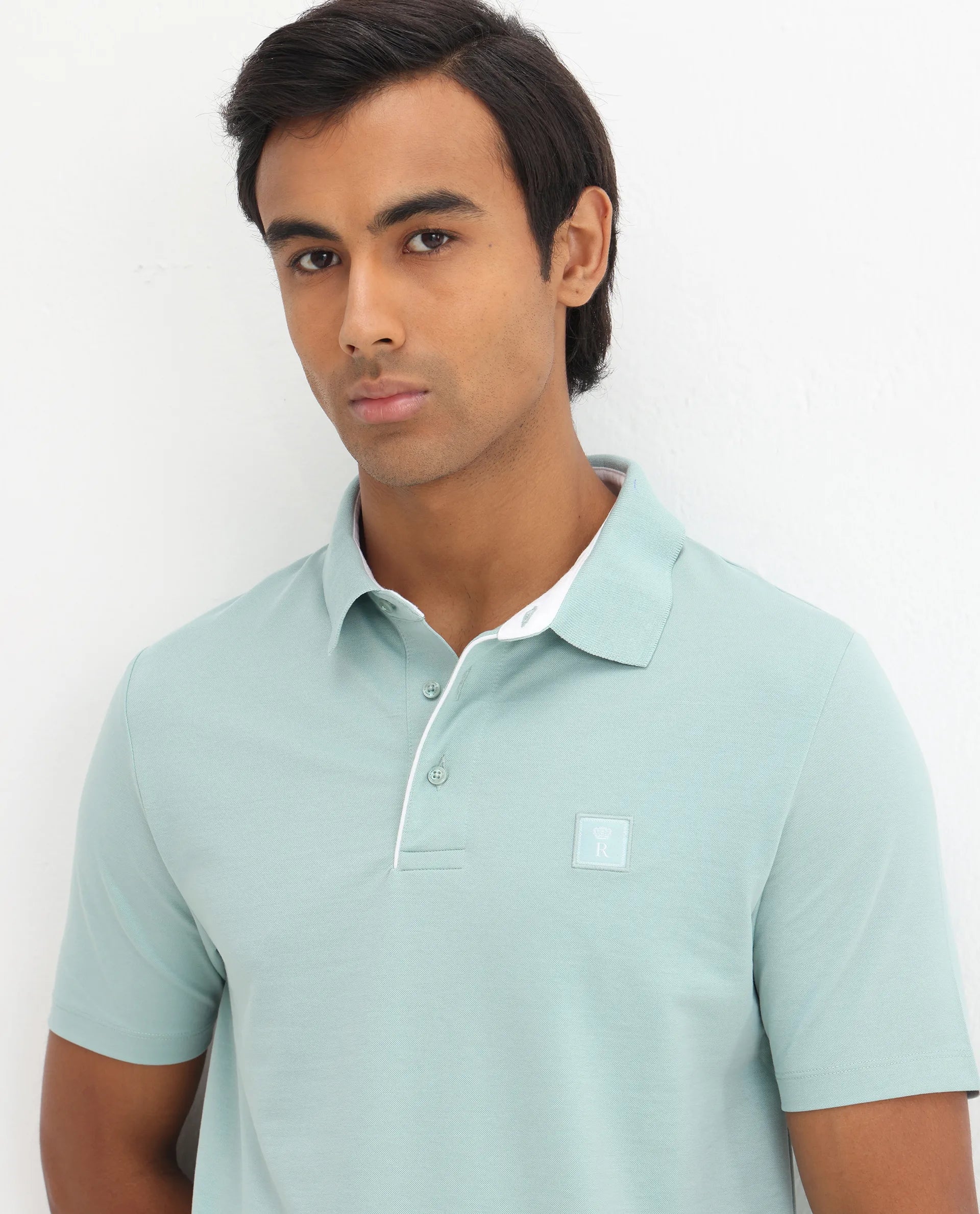 Rare Rabbit Men's Maq Light Turq Cotton Plain Regular Fit Half Sleeve Polo