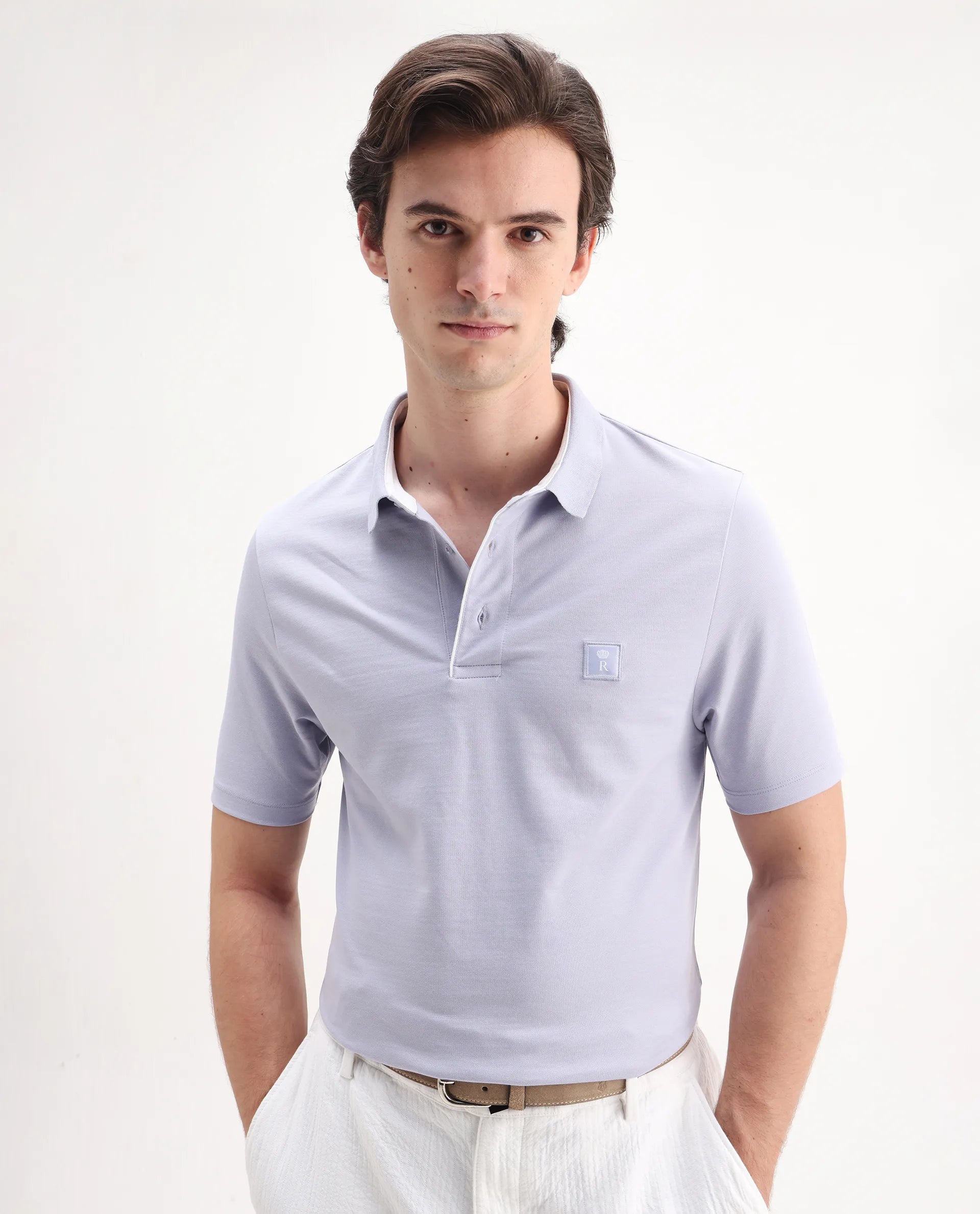 Rare Rabbit Men's Maq Pastel Purple Cotton Plain Regular Fit Half Sleeve Polo