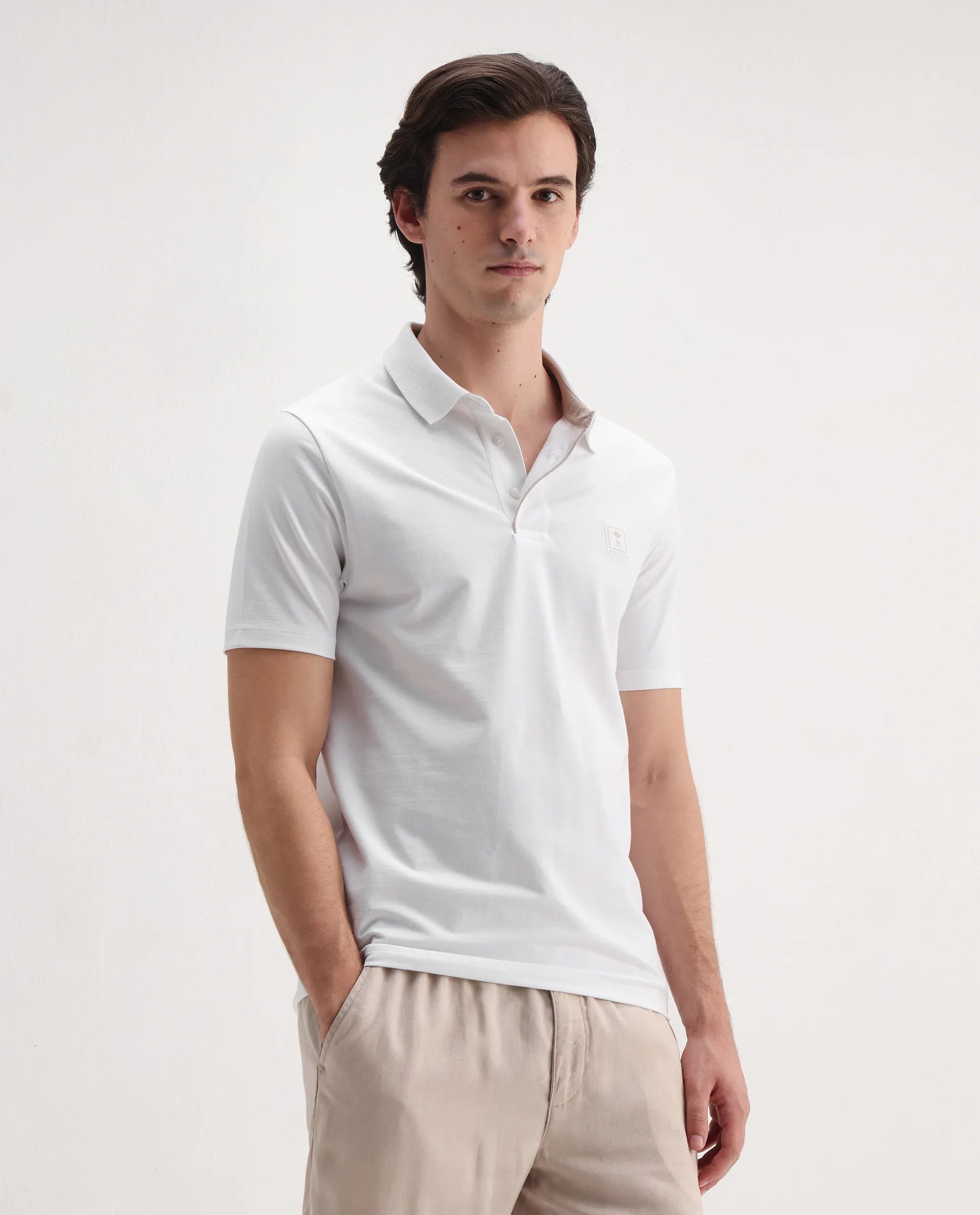 Rare Rabbit Men's Maq White Cotton Plain Regular Fit Half Sleeve Polo