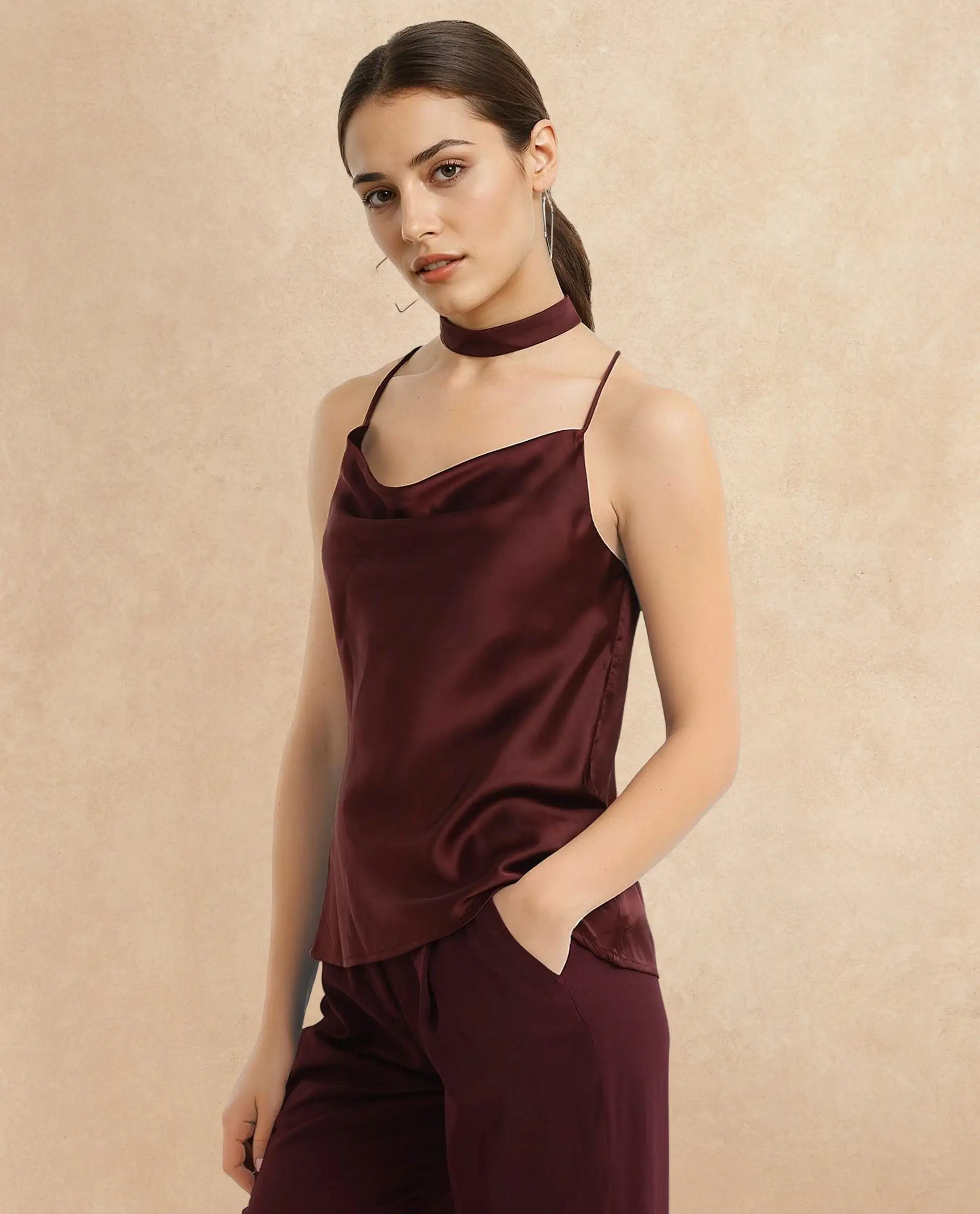 Rareism Women Marano Maroon Shoulder Straps Cowl Neck Plain Top