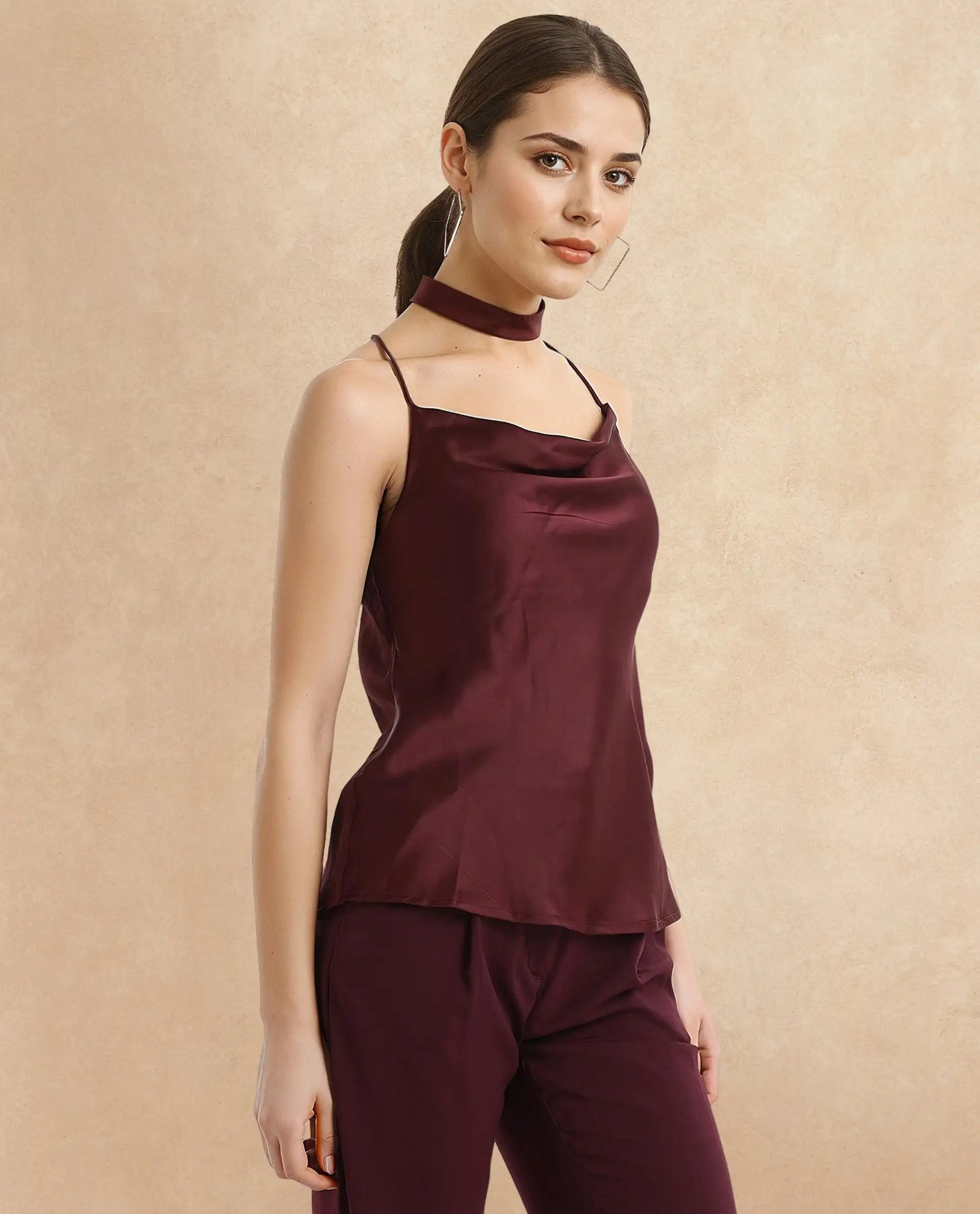 Rareism Women Marano Maroon Shoulder Straps Cowl Neck Plain Top