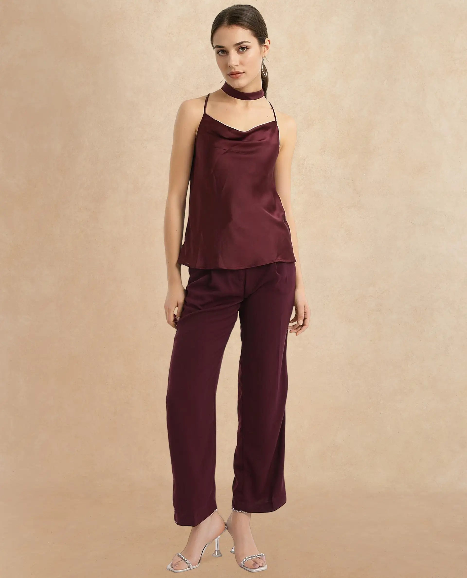 Rareism Women Marano Maroon Shoulder Straps Cowl Neck Plain Top