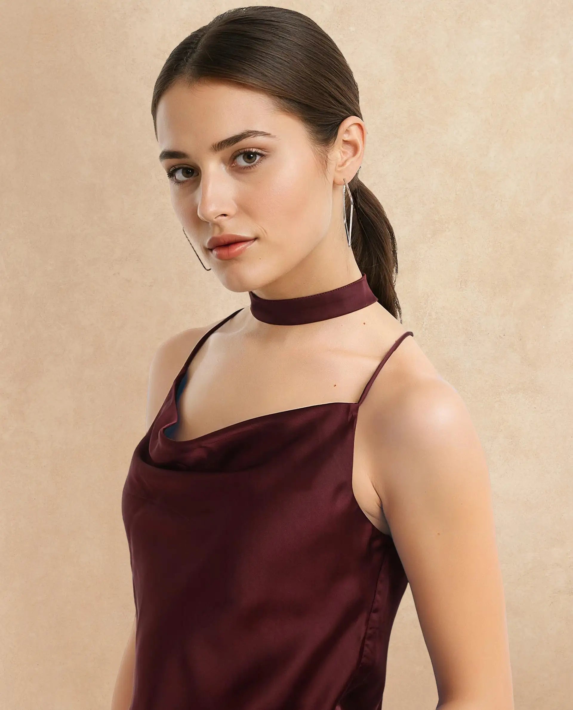 Rareism Women Marano Maroon Shoulder Straps Cowl Neck Plain Top