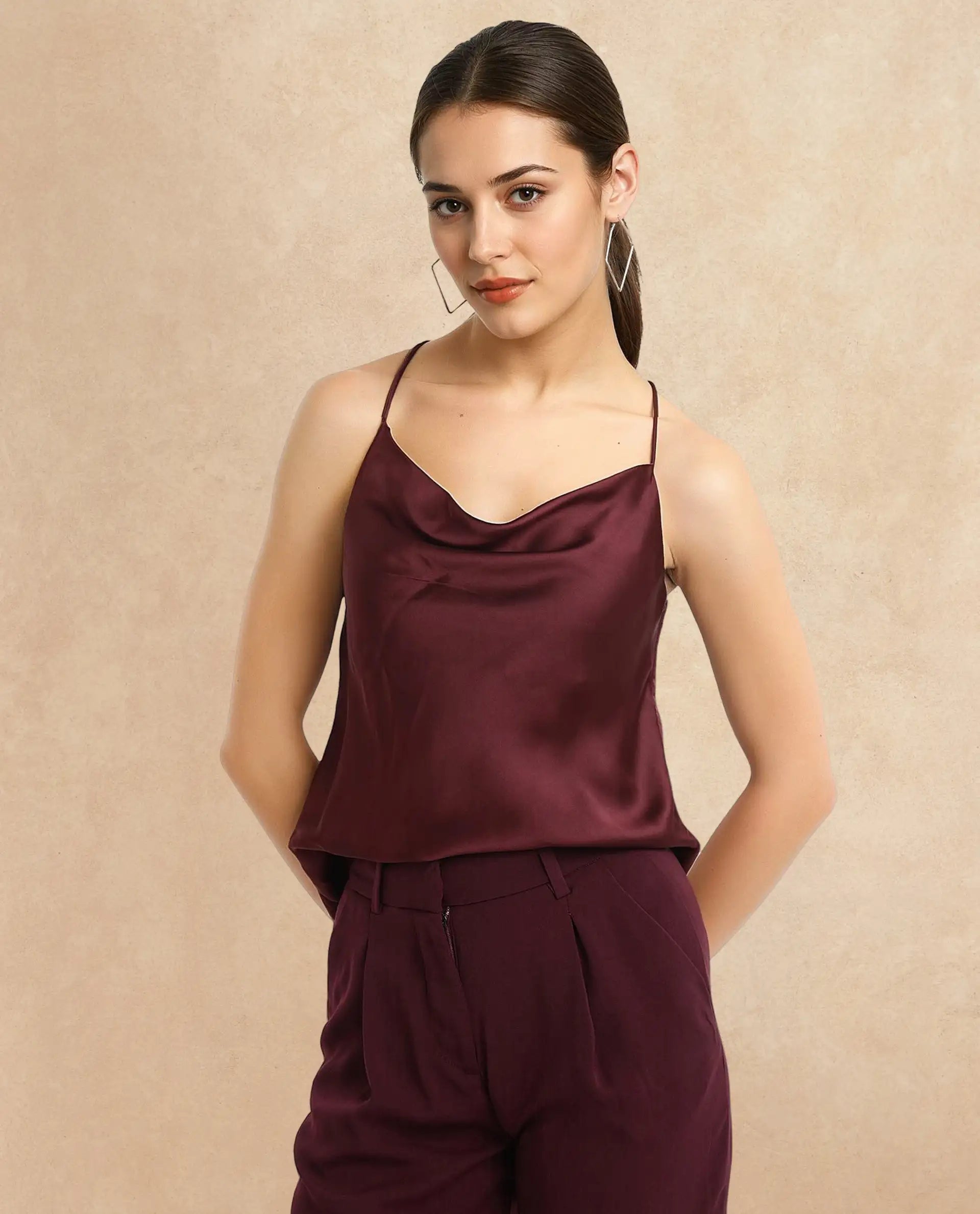 Rareism Women Marano Maroon Shoulder Straps Cowl Neck Plain Top