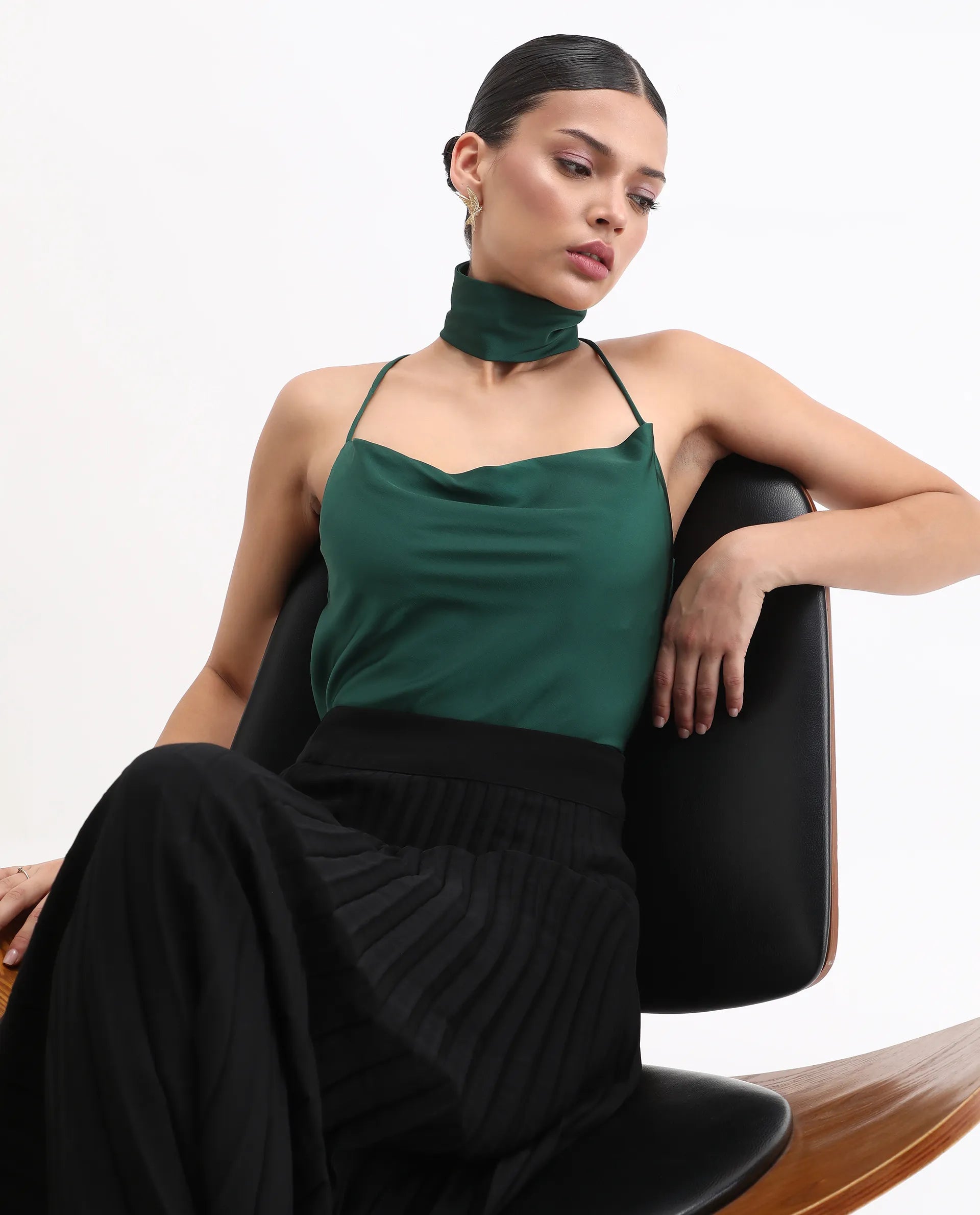 Rareism Women's Marano Olive Polyester Cowl Neck Plain Shoulder Strap Regular Fit Top