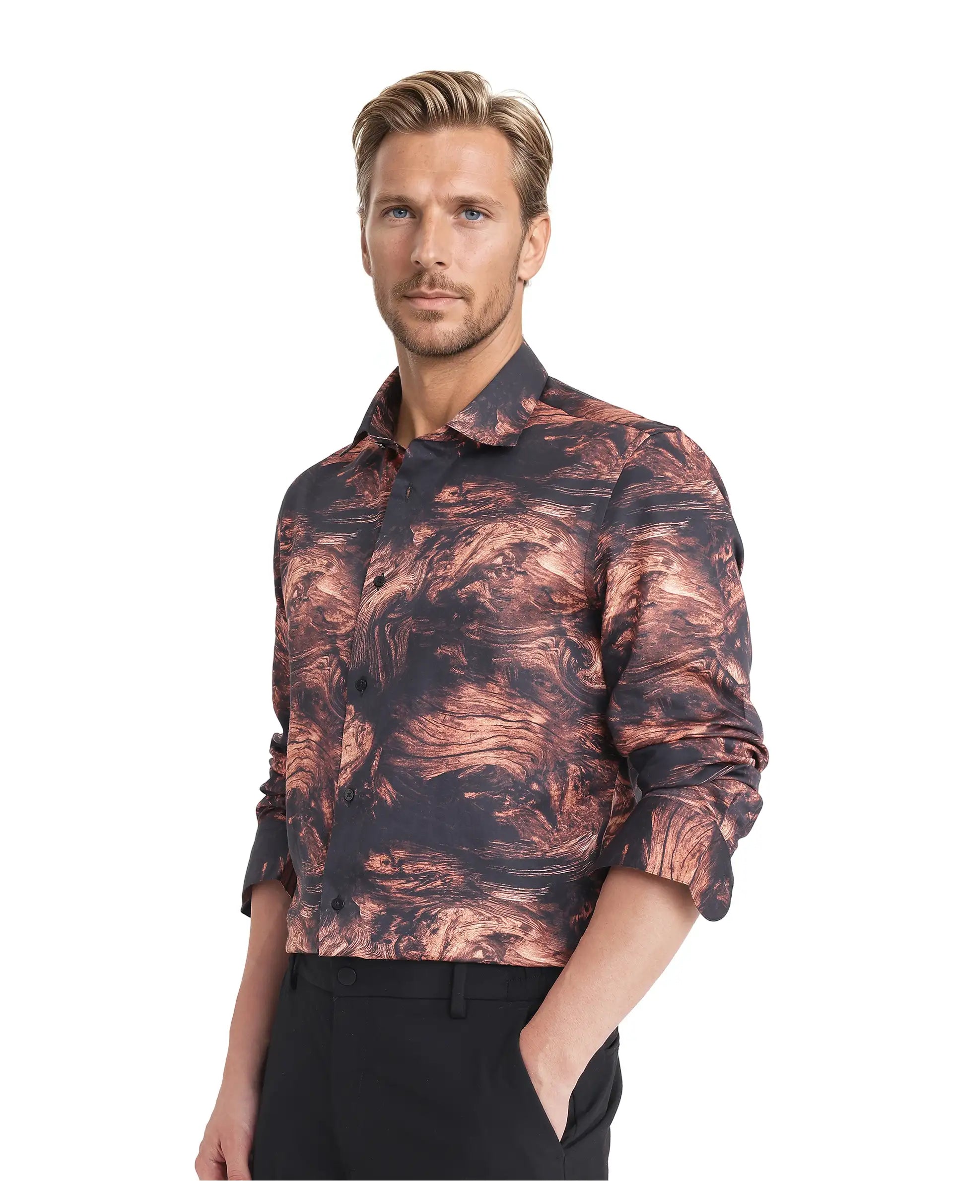 Rare Rabbit Men Marb Black Cotton Modal and Satin Blend Fabric Relaxed Fit Full Sleeve Regular Collared Button Closure Abstract Print Shirt