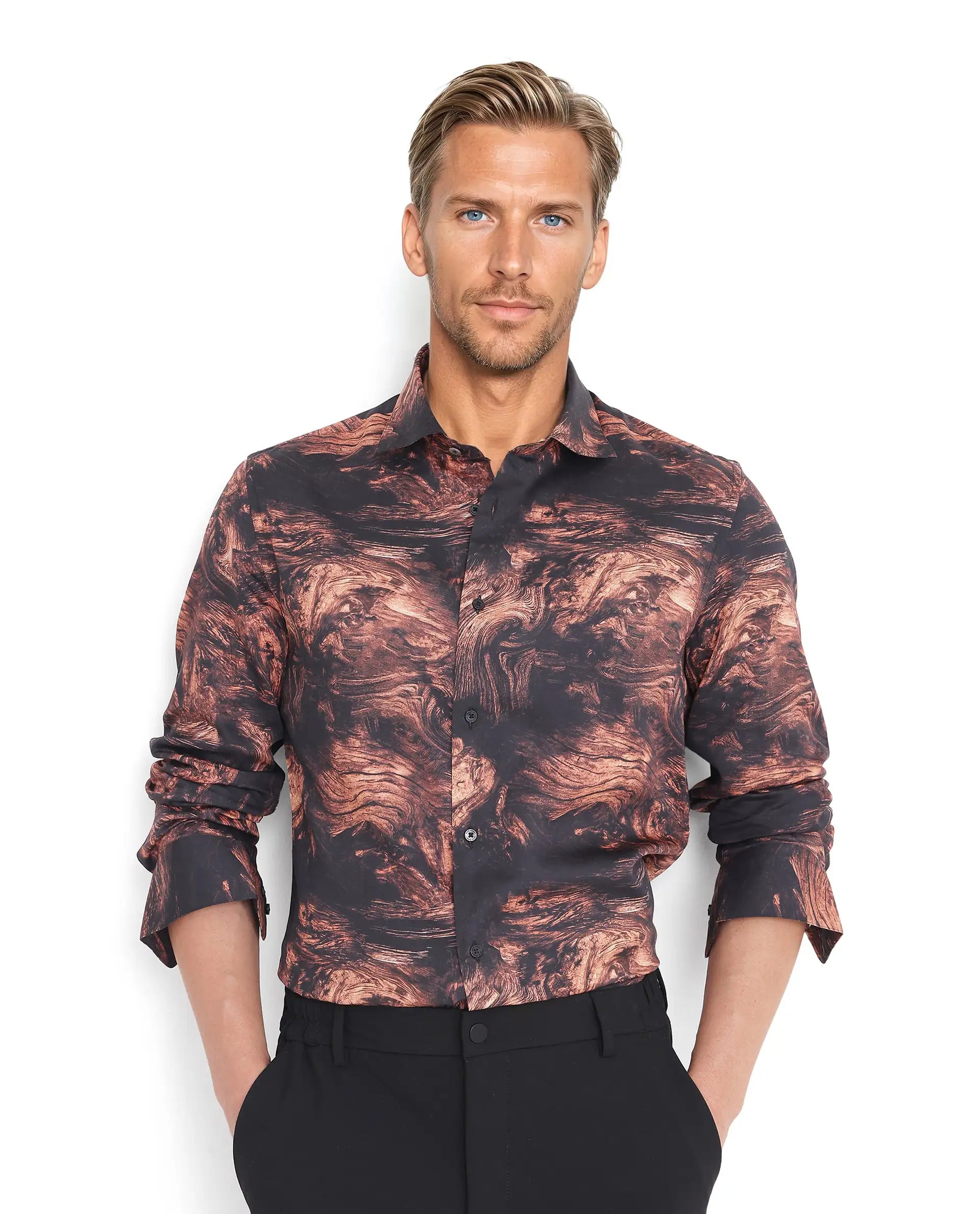 Rare Rabbit Men Marb Black Cotton Modal and Satin Blend Fabric Relaxed Fit Full Sleeve Regular Collared Button Closure Abstract Print Shirt