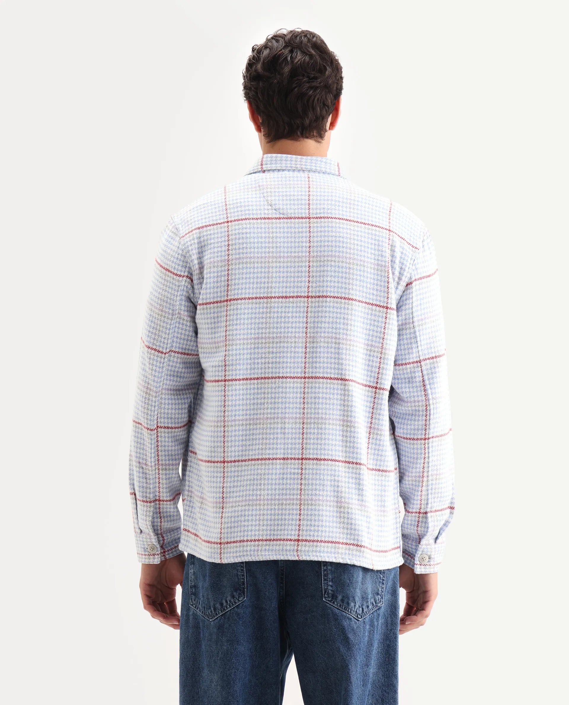 Rare Rabbit Men's Marcella Light Blue Cotton Checked Print Relaxed Fit Full Sleeve Collared Shacket