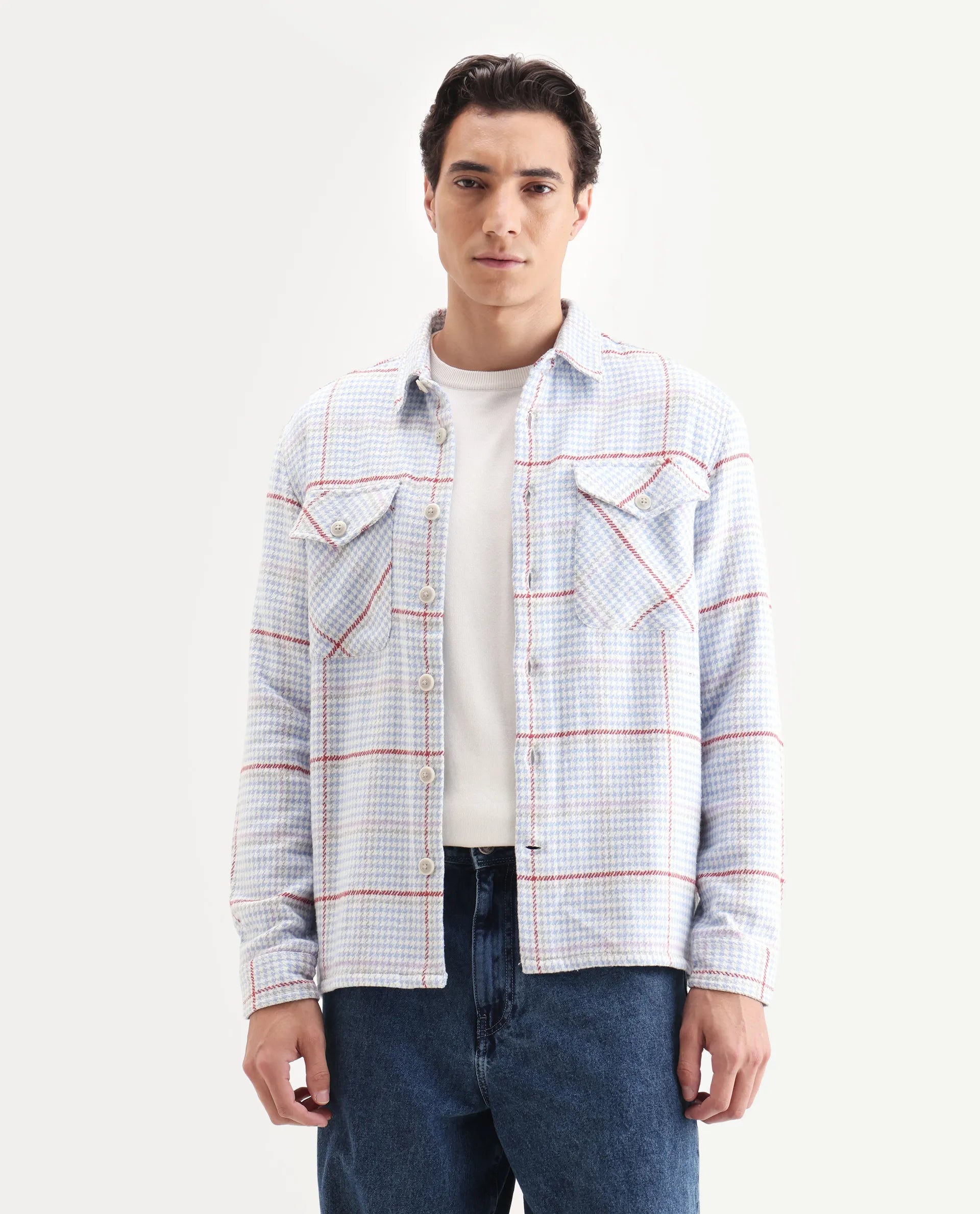 Rare Rabbit Men's Marcella Light Blue Cotton Checked Print Relaxed Fit Full Sleeve Collared Shacket