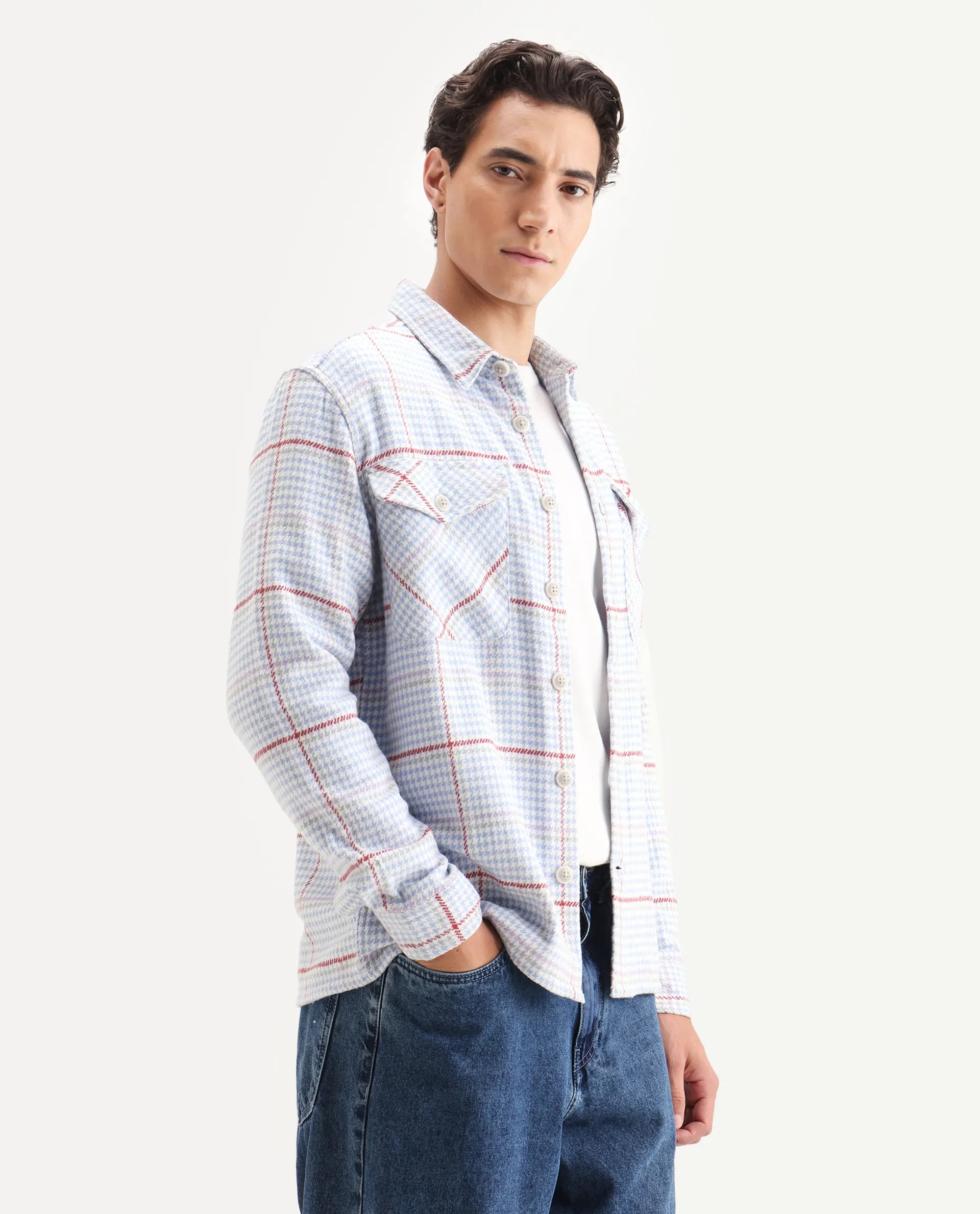 Rare Rabbit Men's Marcella Light Blue Cotton Checked Print Relaxed Fit Full Sleeve Collared Shacket