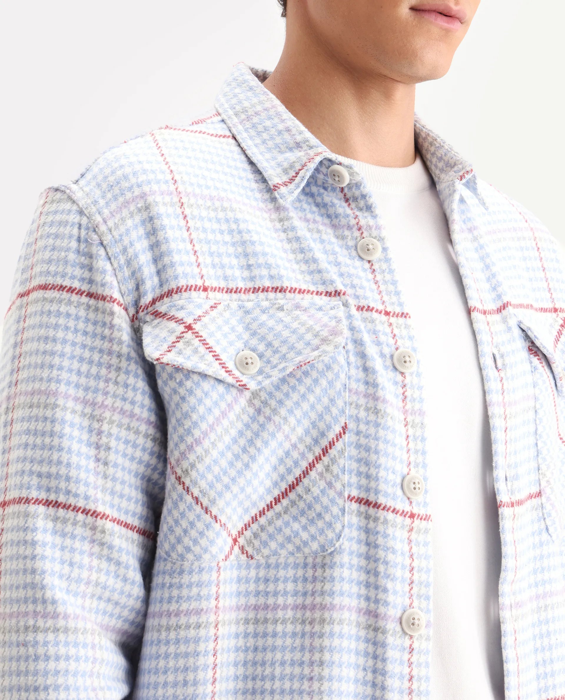 Rare Rabbit Men's Marcella Light Blue Cotton Checked Print Relaxed Fit Full Sleeve Collared Shacket