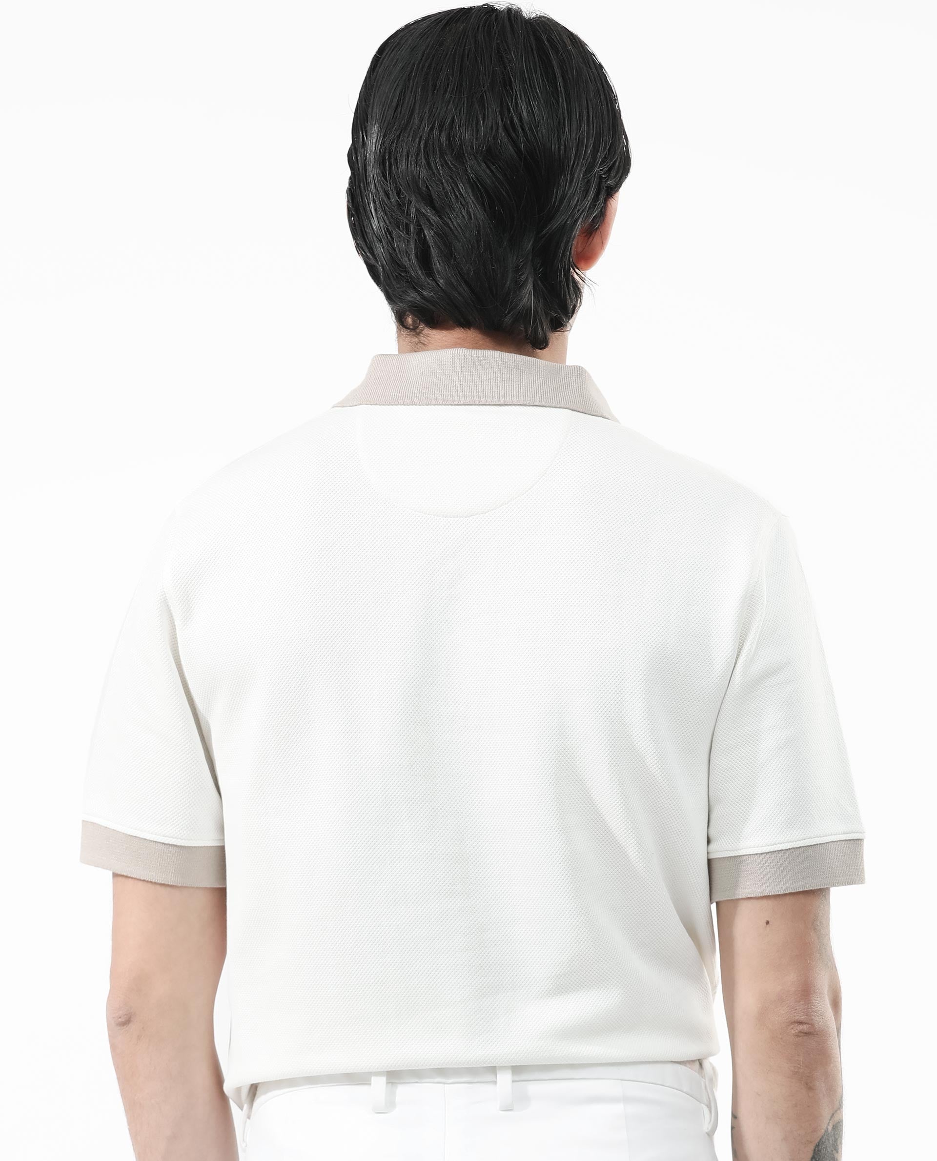 Rare Rabbit Mens Marcelo Off White Cotton Fabric Contrasting Johnny Collar Short Sleeve Solid Polo T-Shirt