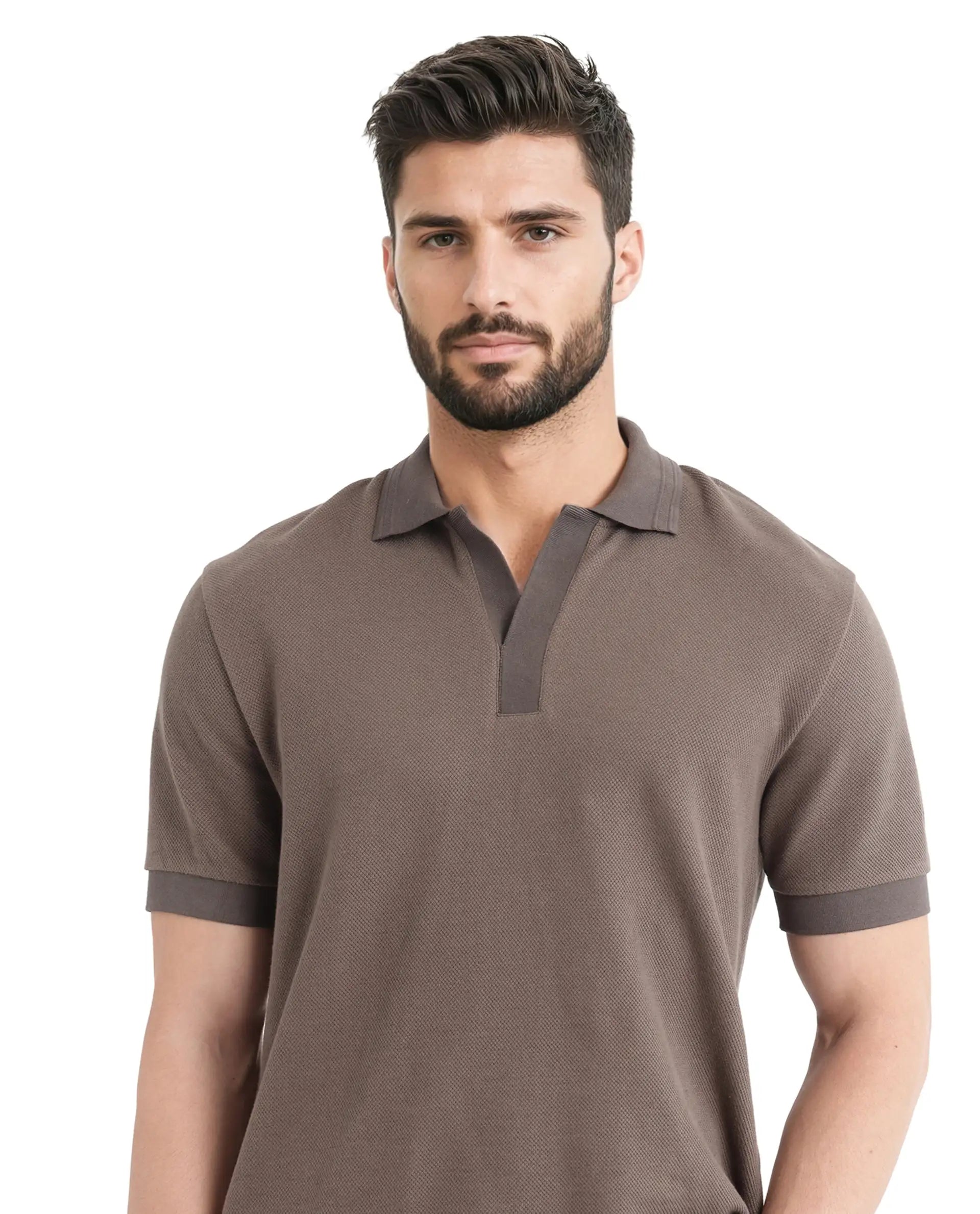 Rare Rabbit Men Marcelon Dusky Olive Cotton Poly Fabric Short Sleeve Johnny Collared Jacquard Polo