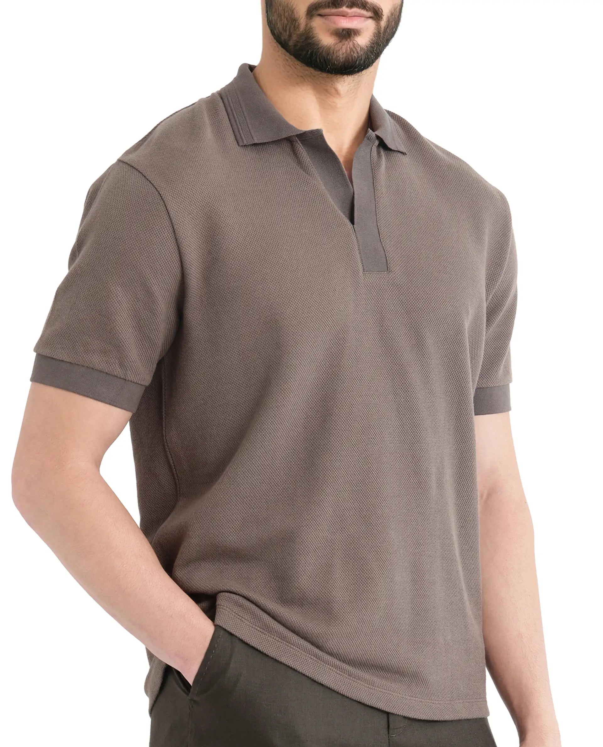 Rare Rabbit Men Marcelon Dusky Olive Cotton Poly Fabric Short Sleeve Johnny Collared Jacquard Polo