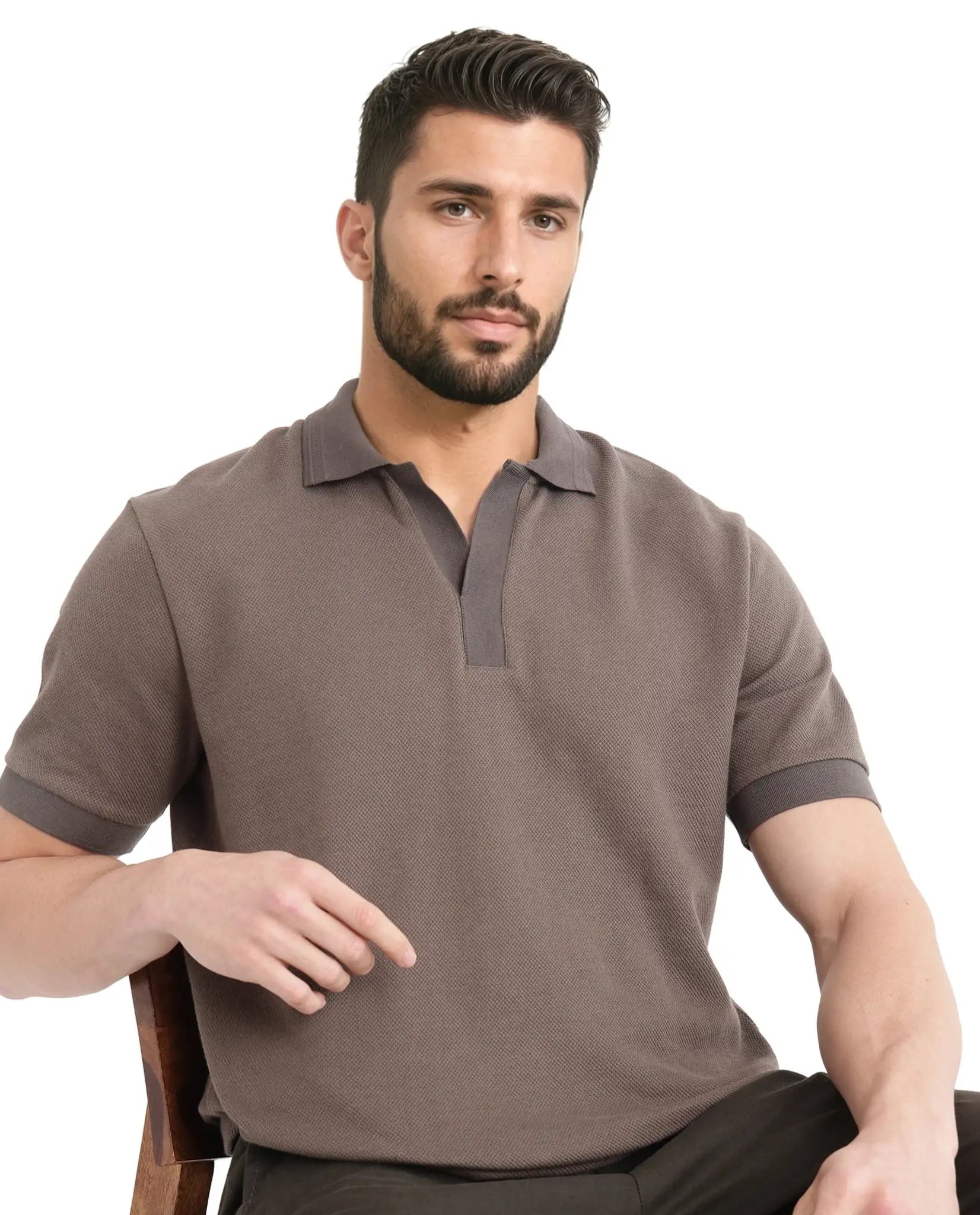 Rare Rabbit Men Marcelon Dusky Olive Cotton Poly Fabric Short Sleeve Johnny Collared Jacquard Polo