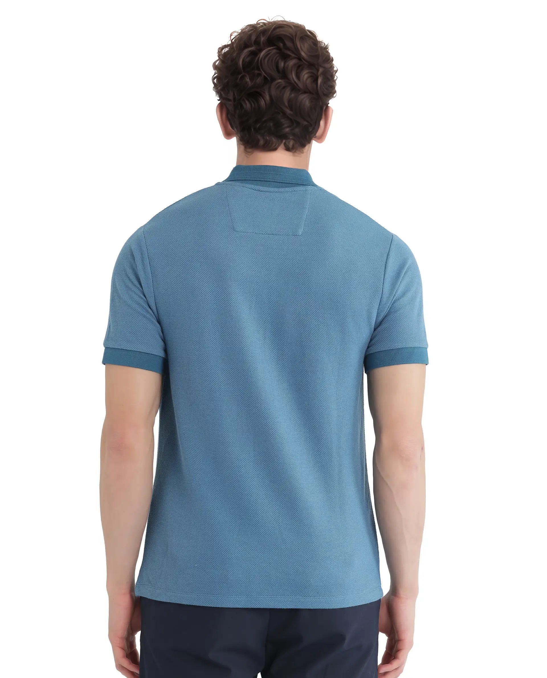 Rare Rabbit Men Marcelon Teal Cotton Poly Fabric Short Sleeve Johnny Collared Jacquard Polo