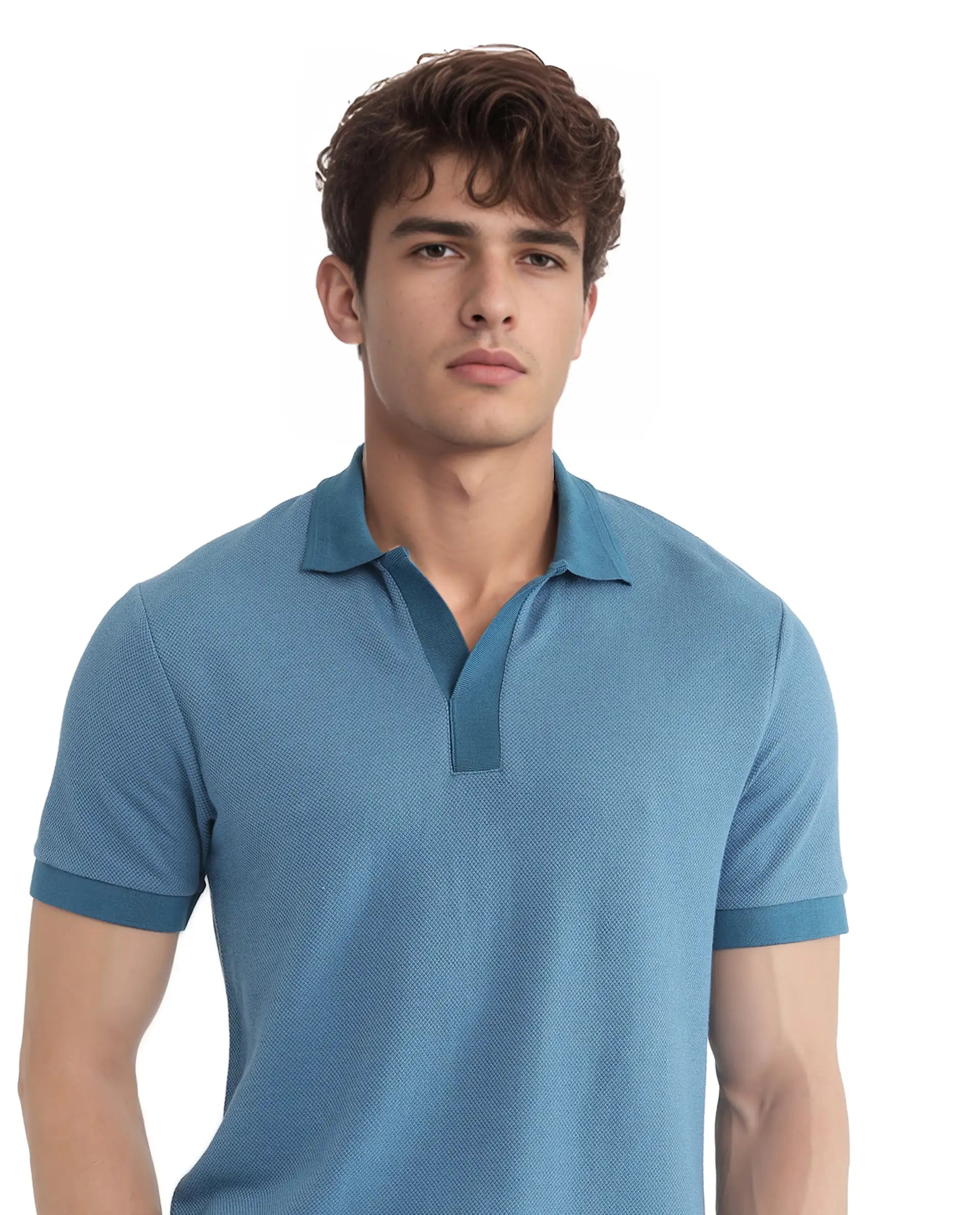 Rare Rabbit Men Marcelon Teal Cotton Poly Fabric Short Sleeve Johnny Collared Jacquard Polo