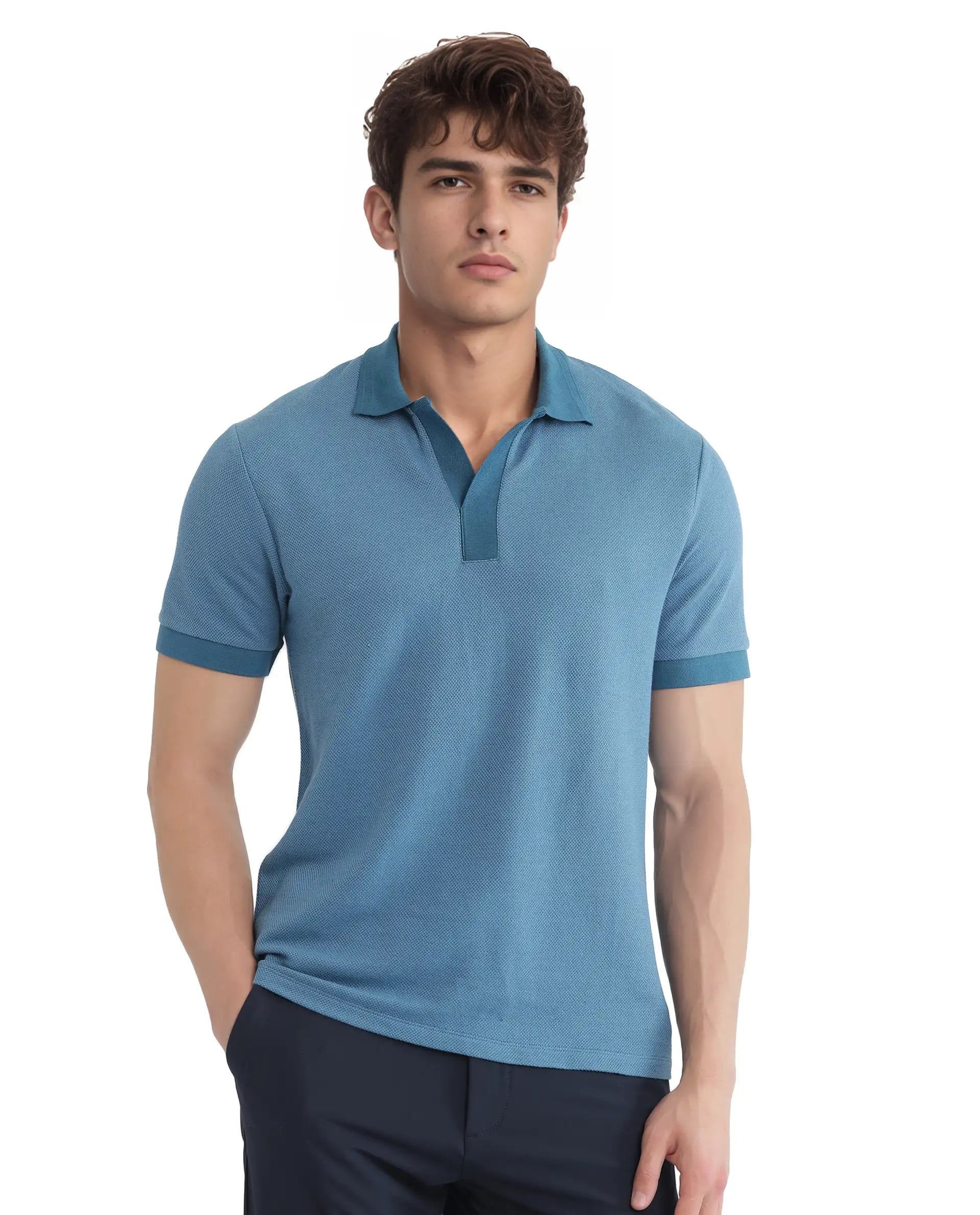 Rare Rabbit Men Marcelon Teal Cotton Poly Fabric Short Sleeve Johnny Collared Jacquard Polo