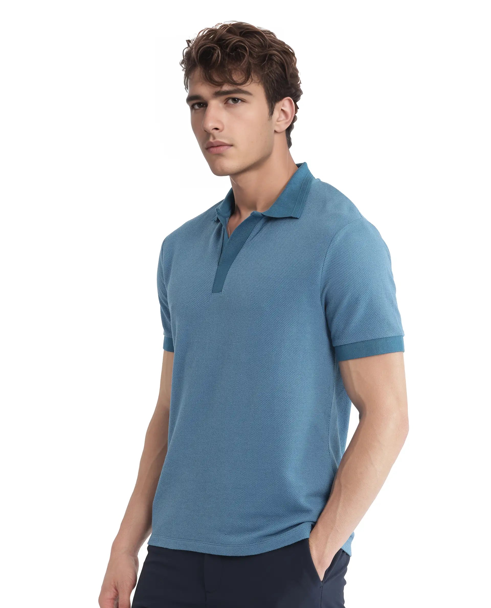 Rare Rabbit Men Marcelon Teal Cotton Poly Fabric Short Sleeve Johnny Collared Jacquard Polo