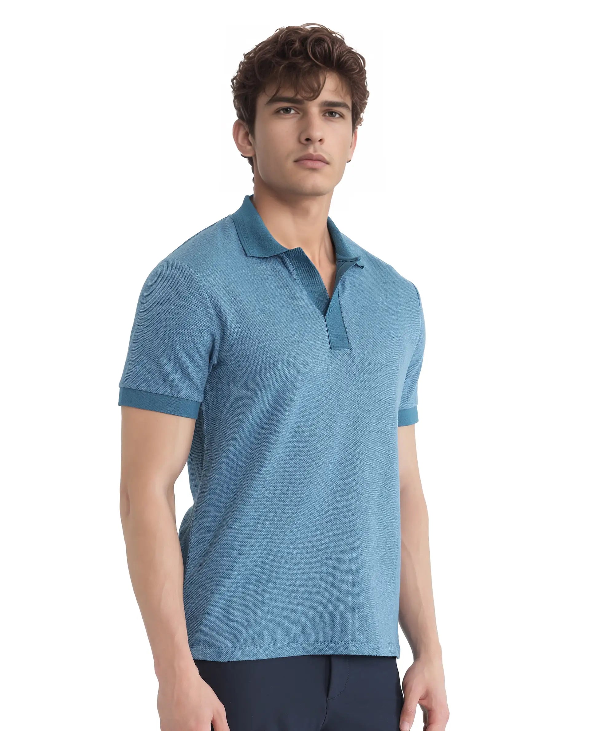 Rare Rabbit Men Marcelon Teal Cotton Poly Fabric Short Sleeve Johnny Collared Jacquard Polo