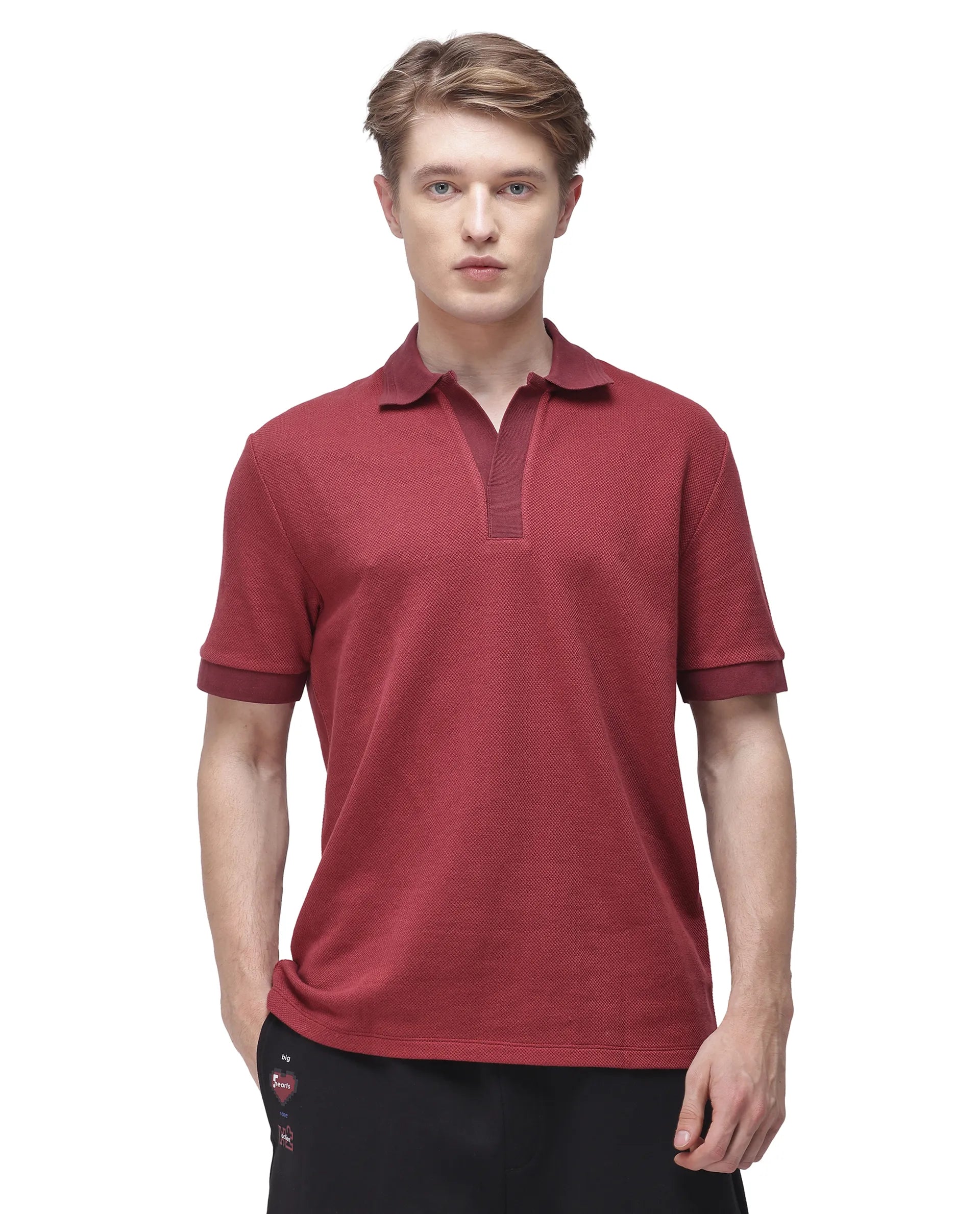 Rare Rabbit Men's Marcelon Red Cotton Blend Jacquard Regular Fit Half Sleeve Polo