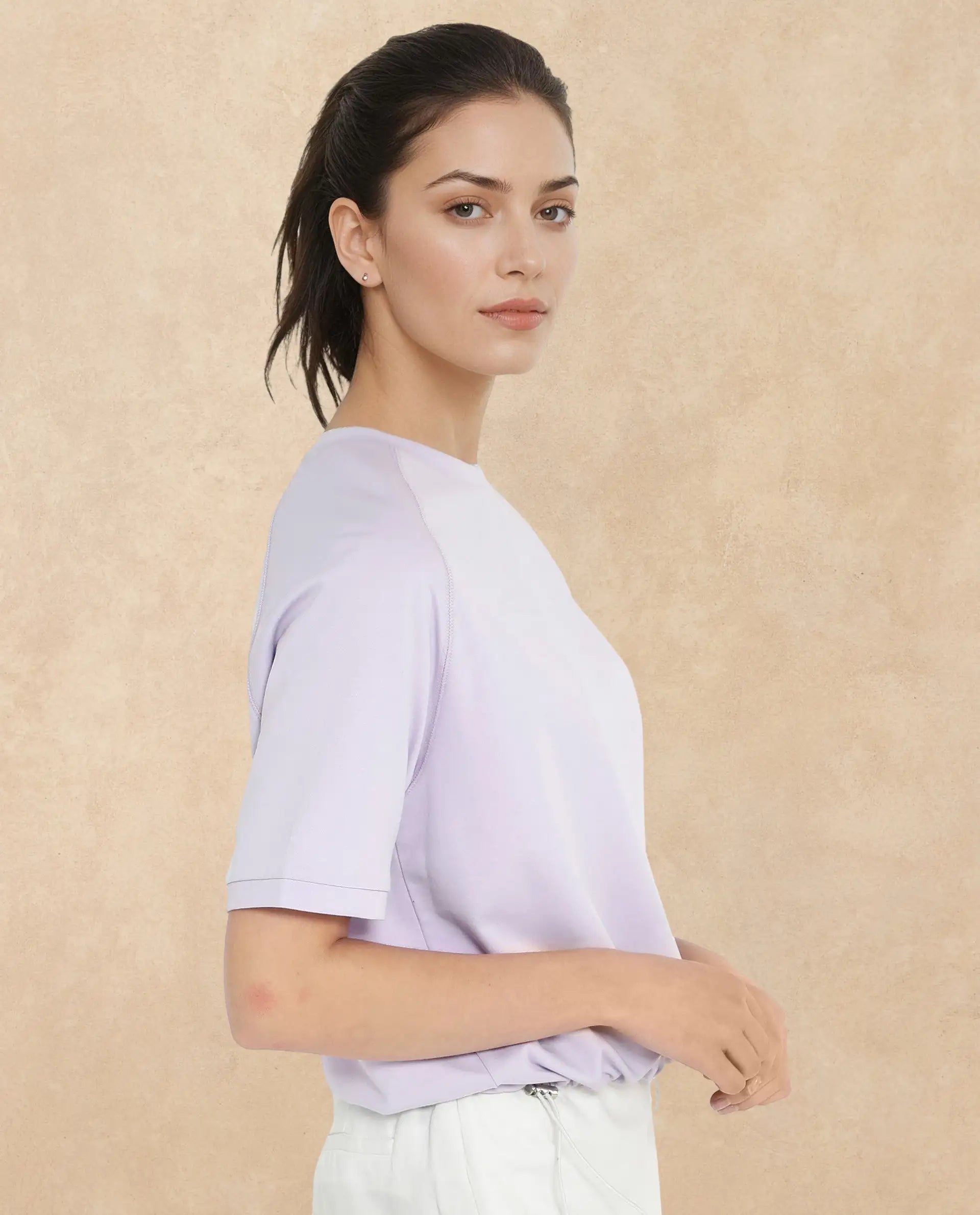 Rareism Women Marco Pastel Purple Cotton Lycra Fabric Short Sleeve Crew Neck Graphic Print T-Shirt