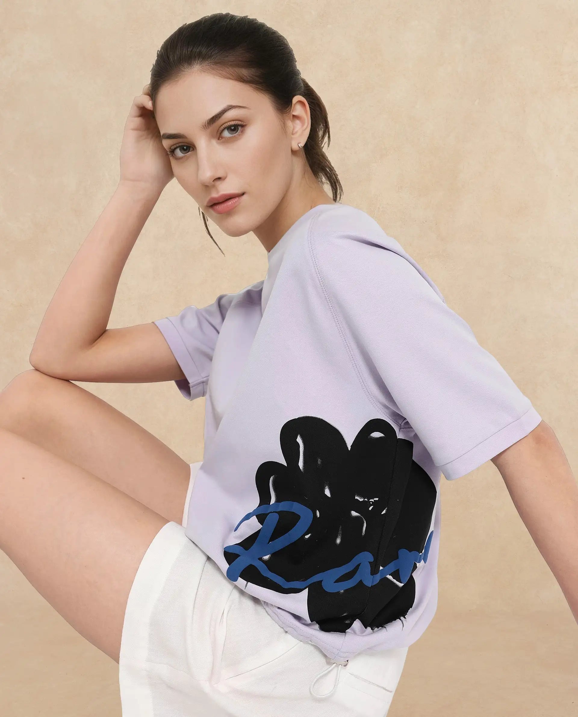 Rareism Women Marco Pastel Purple Cotton Lycra Fabric Short Sleeve Crew Neck Graphic Print T-Shirt