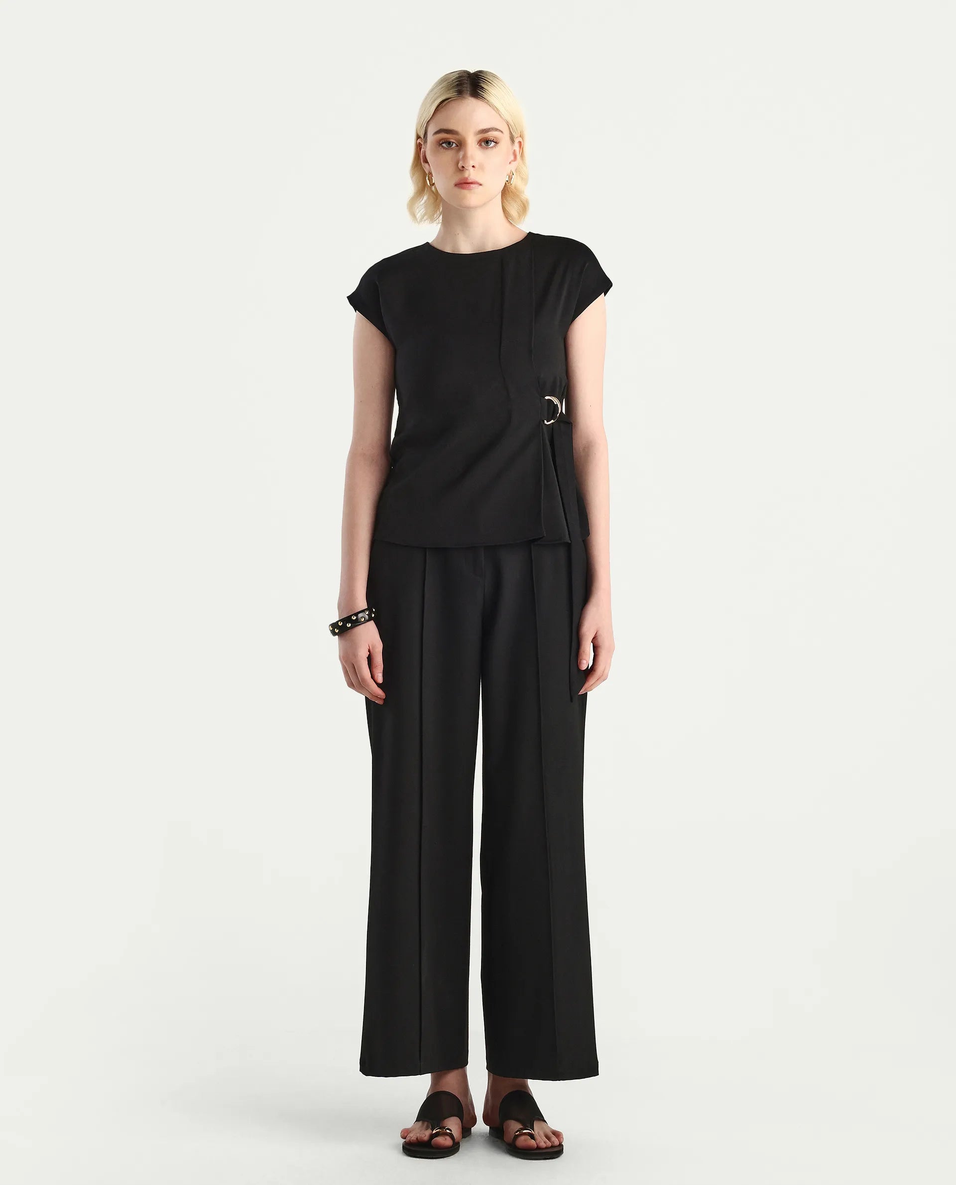 Rareism Women's Mardin Black Polyester Crew Neck Regular Fit Plain Top