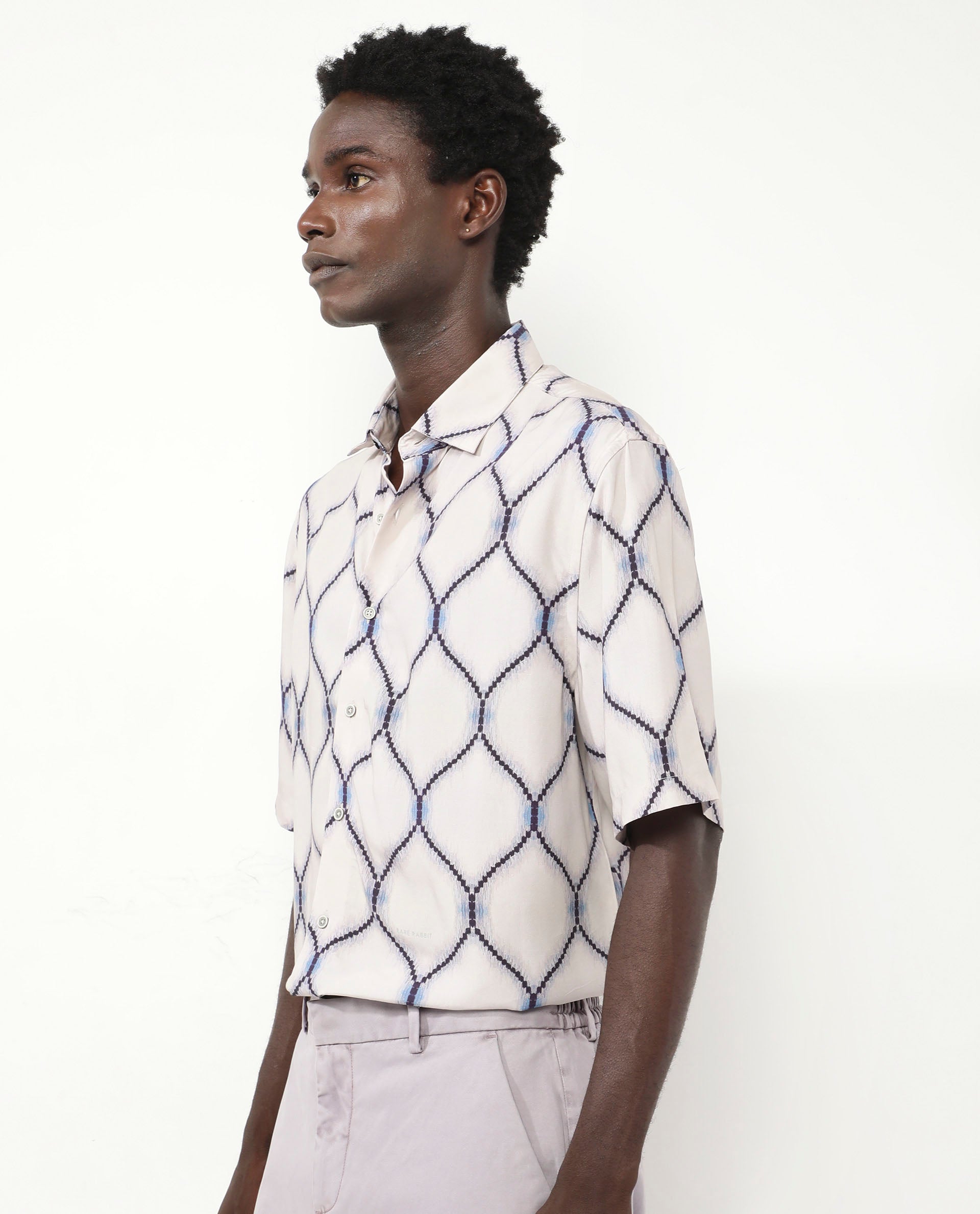 Rare Rabbit Men's Mareno Light Grey Viscose Fabric Short Sleeve Regular Collar Slim Fit Geometric Printed Shirt