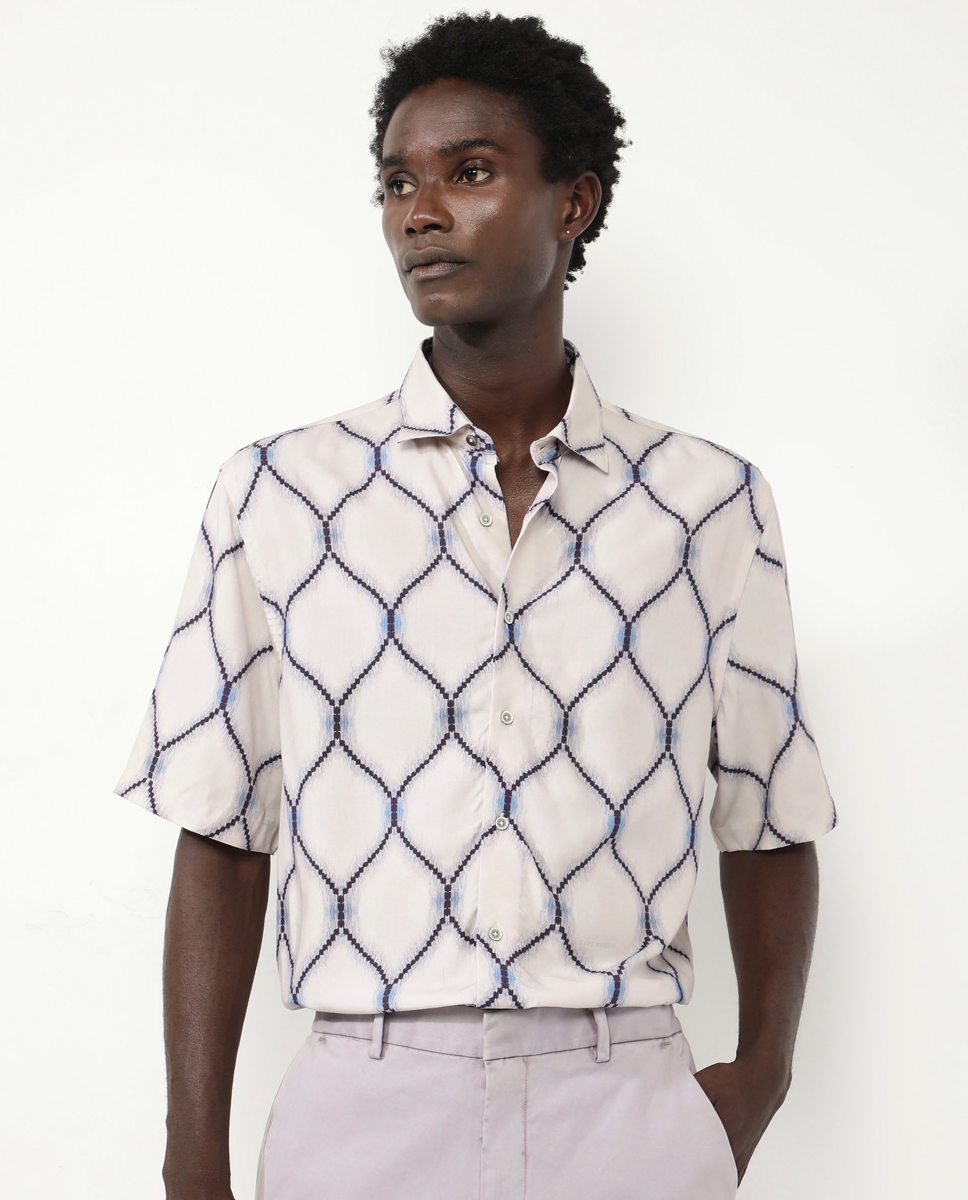 Rare Rabbit Men's Mareno Light Grey Viscose Fabric Short Sleeve Regular Collar Slim Fit Geometric Printed Shirt