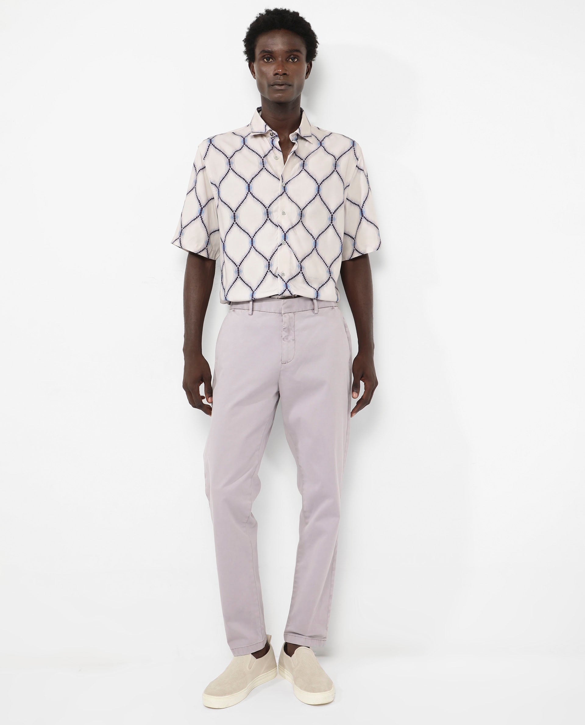 Rare Rabbit Men's Mareno Light Grey Viscose Fabric Short Sleeve Regular Collar Slim Fit Geometric Printed Shirt