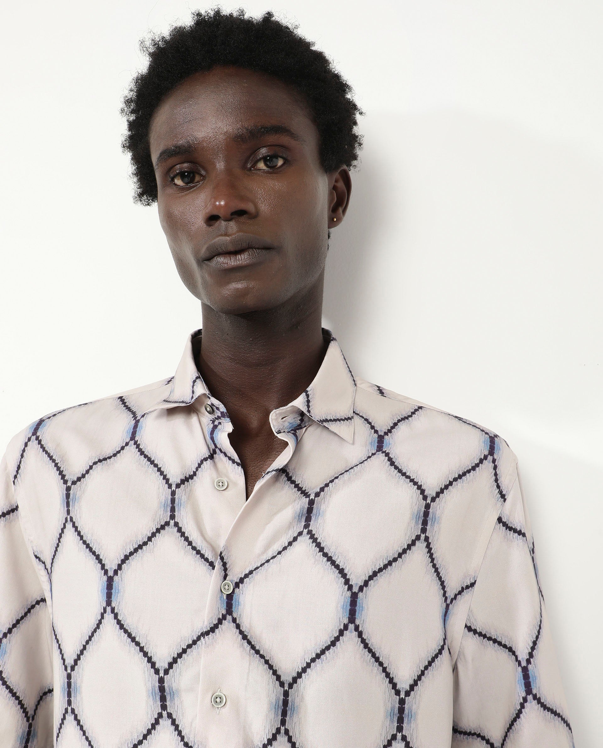 Rare Rabbit Men's Mareno Light Grey Viscose Fabric Short Sleeve Regular Collar Slim Fit Geometric Printed Shirt