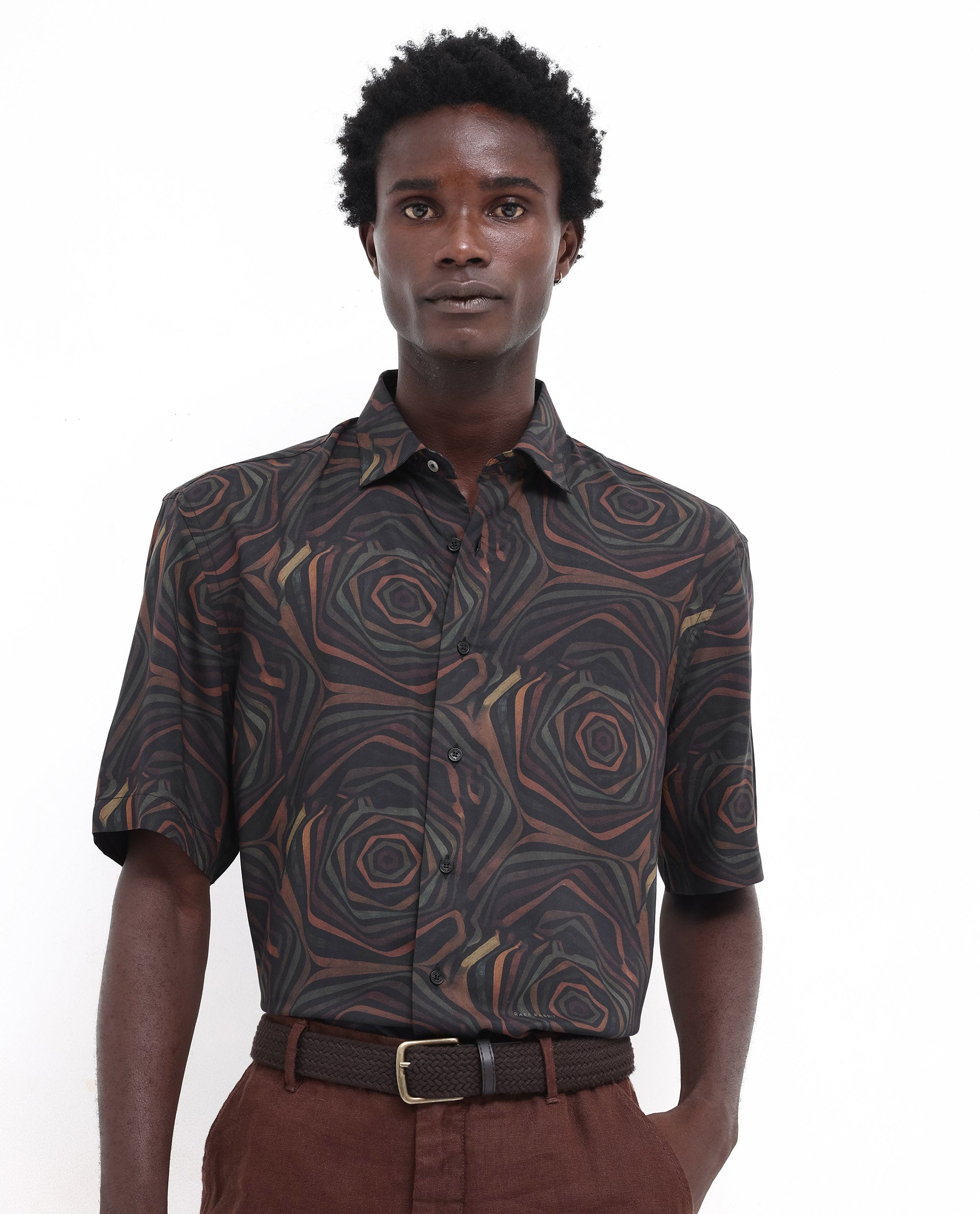 Rare Rabbit Men's Marfik Black Viscose Fabric Short Sleeve Boxy Fit Abstract Print Shirt