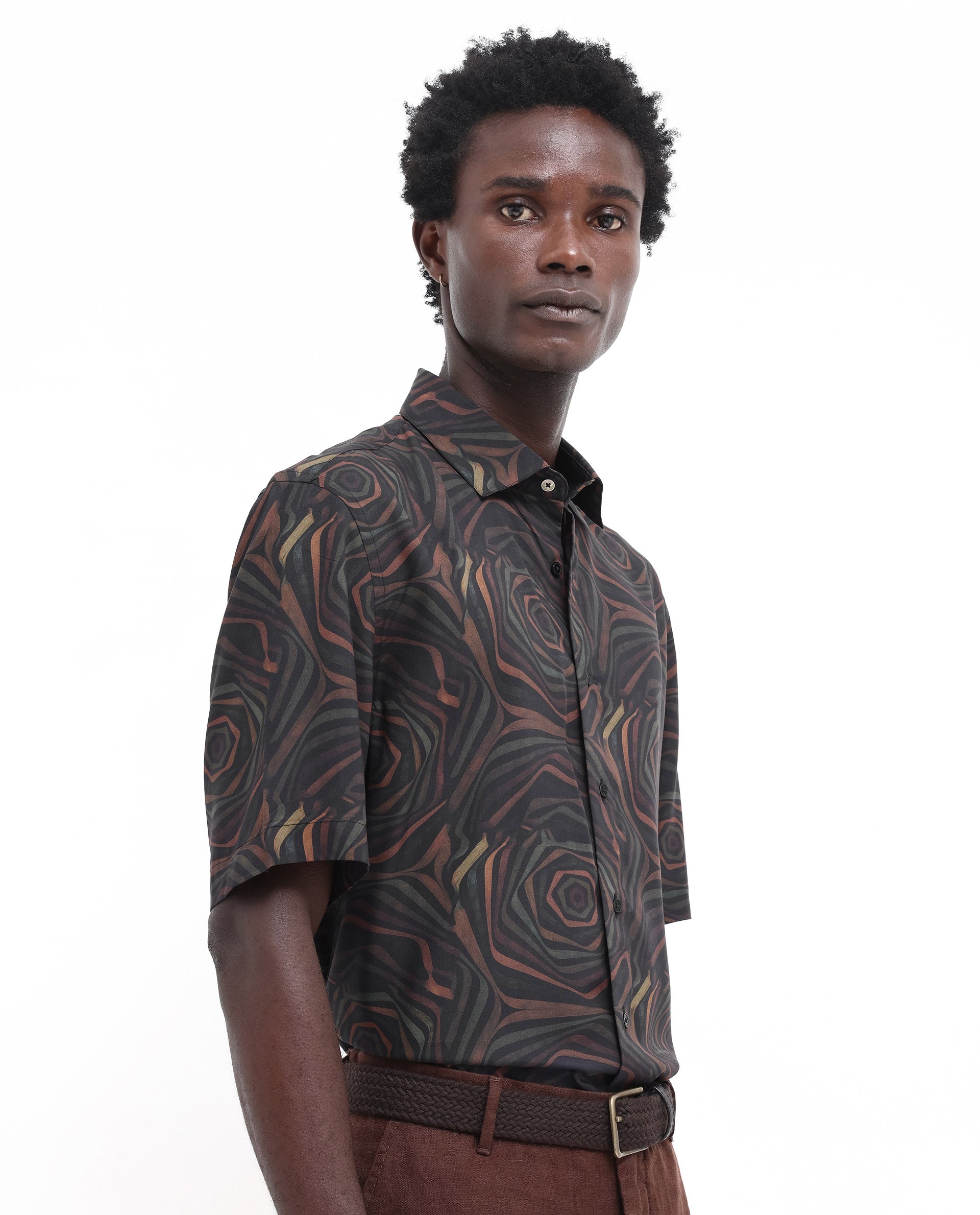 Rare Rabbit Men's Marfik Black Viscose Fabric Short Sleeve Boxy Fit Abstract Print Shirt