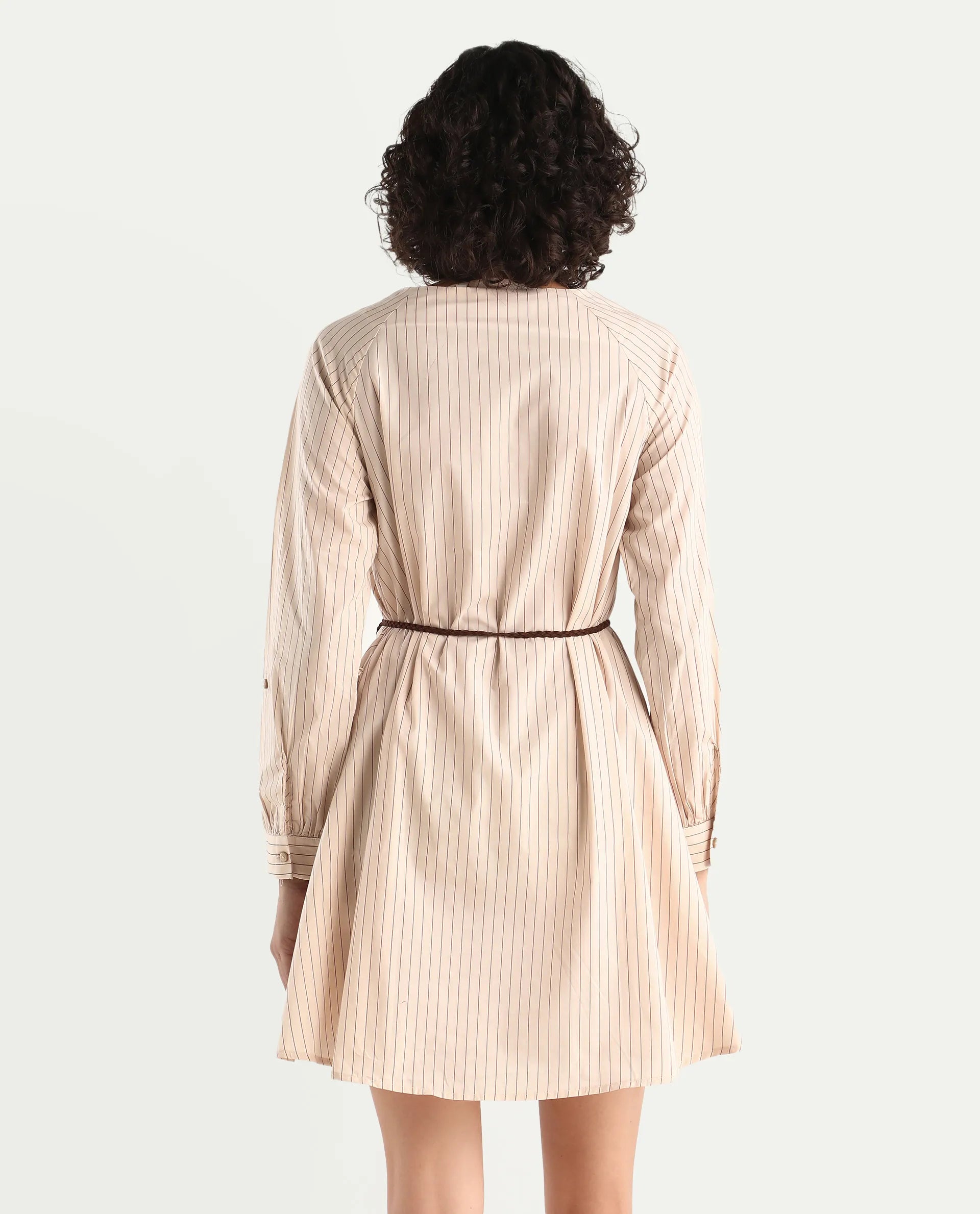 Rareism Women's Margaret Beige V-Neck Striped Mini A-Line Dress