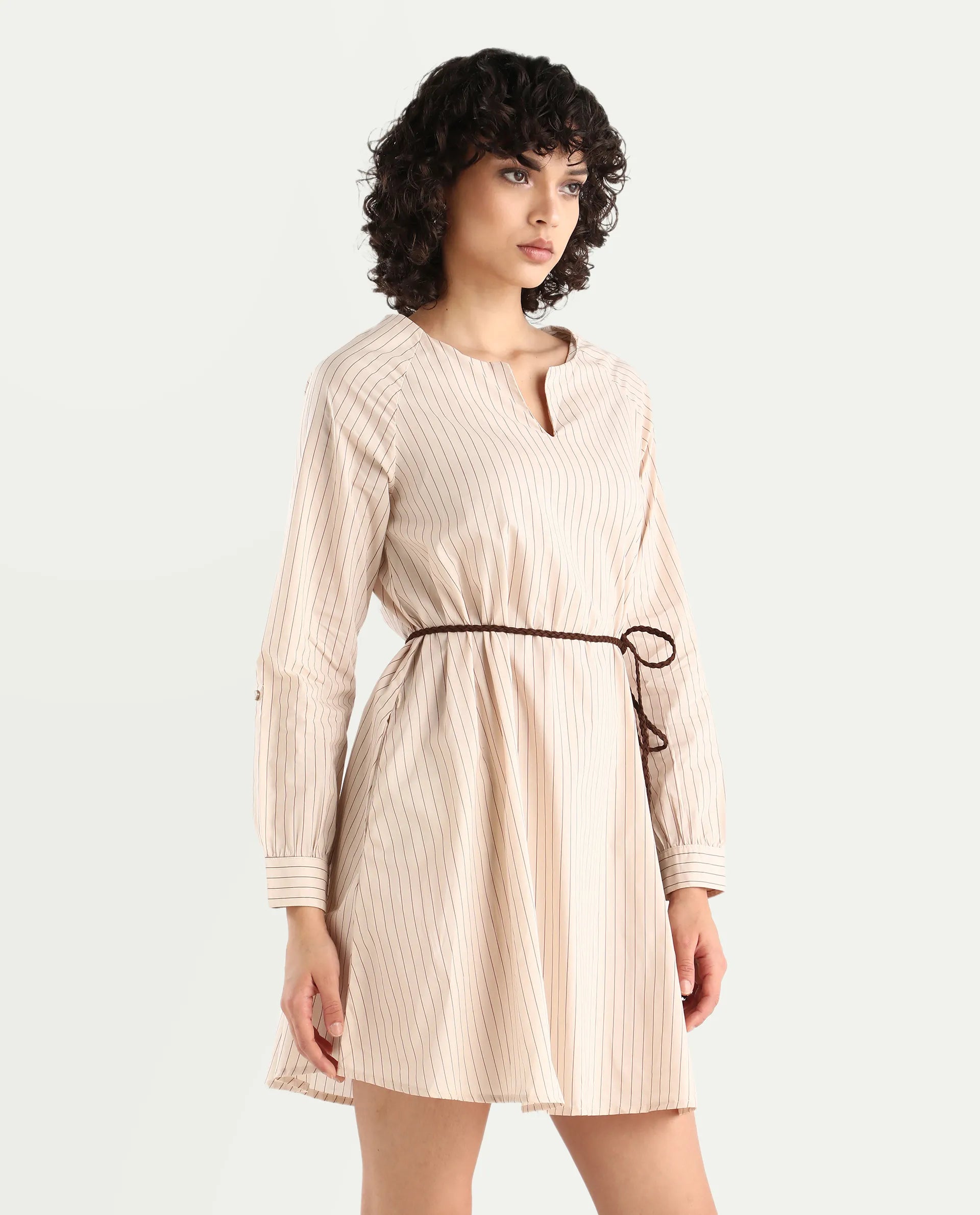 Rareism Women's Margaret Beige V-Neck Striped Mini A-Line Dress