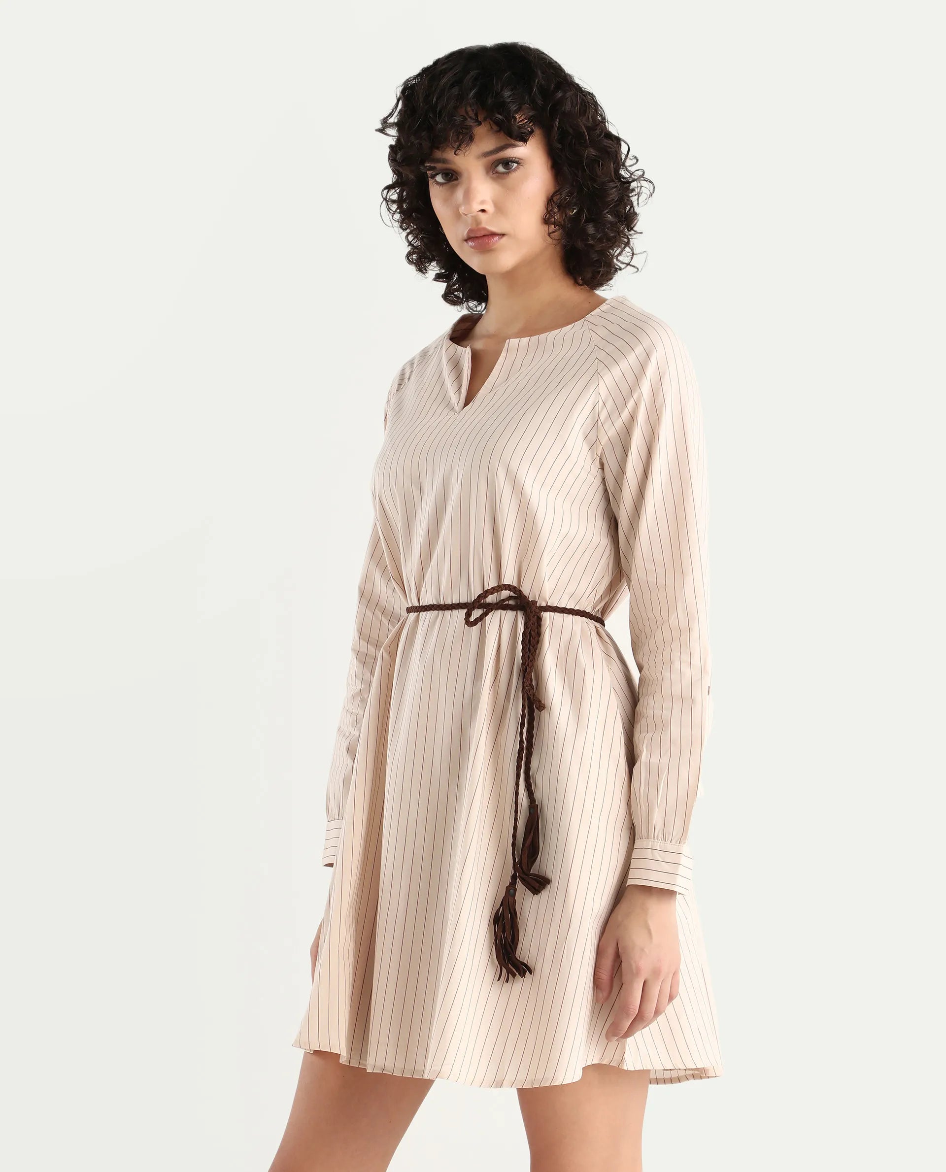 Rareism Women's Margaret Beige V-Neck Striped Mini A-Line Dress