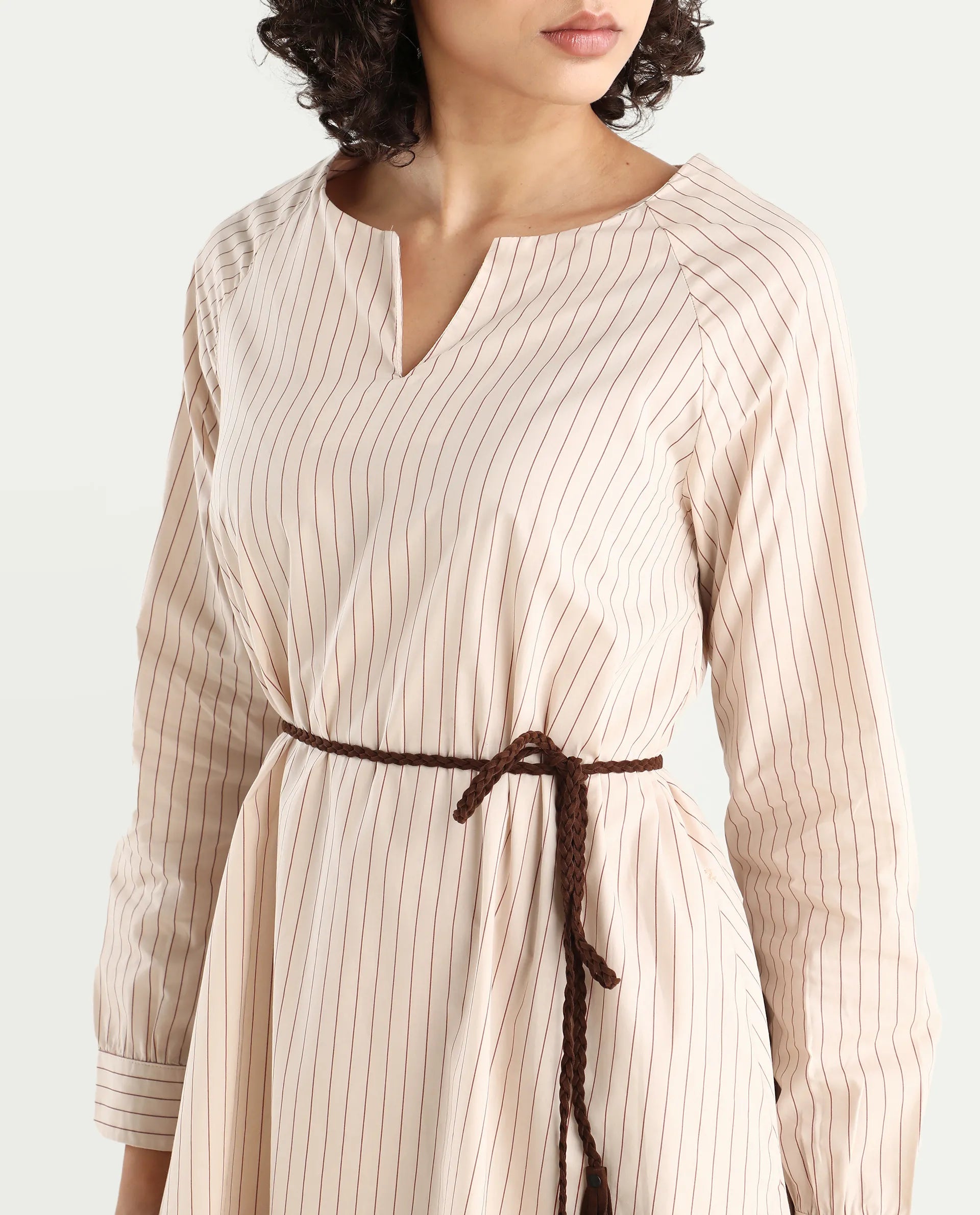 Rareism Women's Margaret Beige V-Neck Striped Mini A-Line Dress